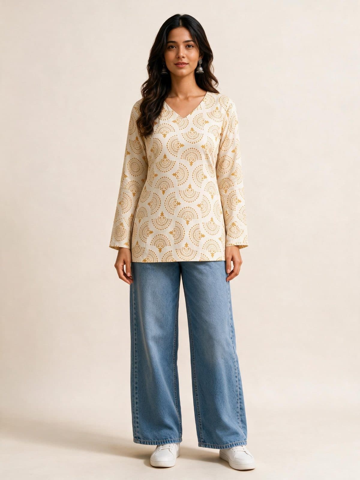 Mustard Arch Print V-Neck Short Kurti