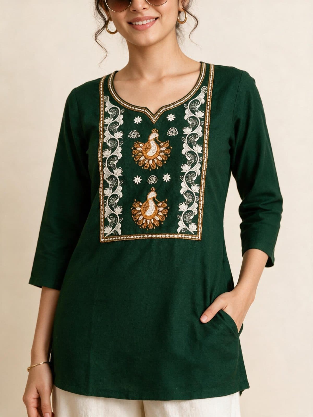 Forest Bird Motif Yoke Kurti & Palazzo Set