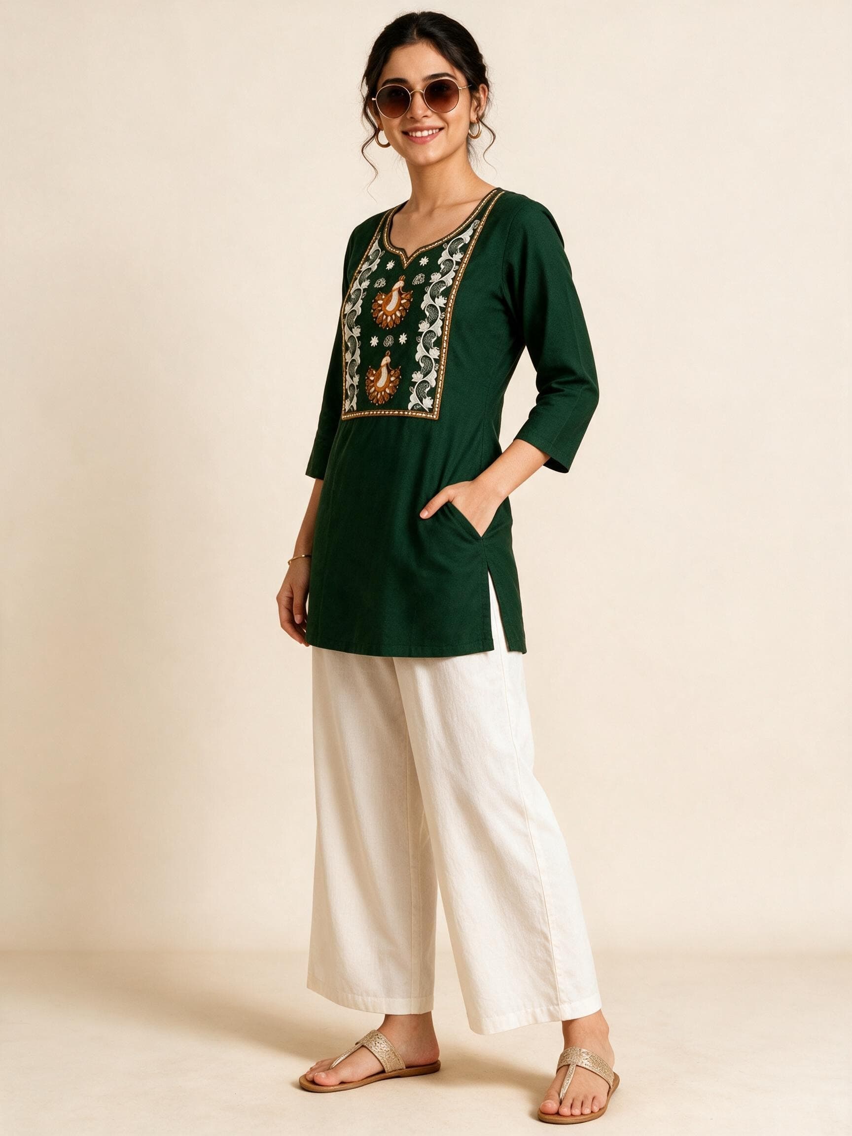 Forest Bird Motif Yoke Kurti & Palazzo Set