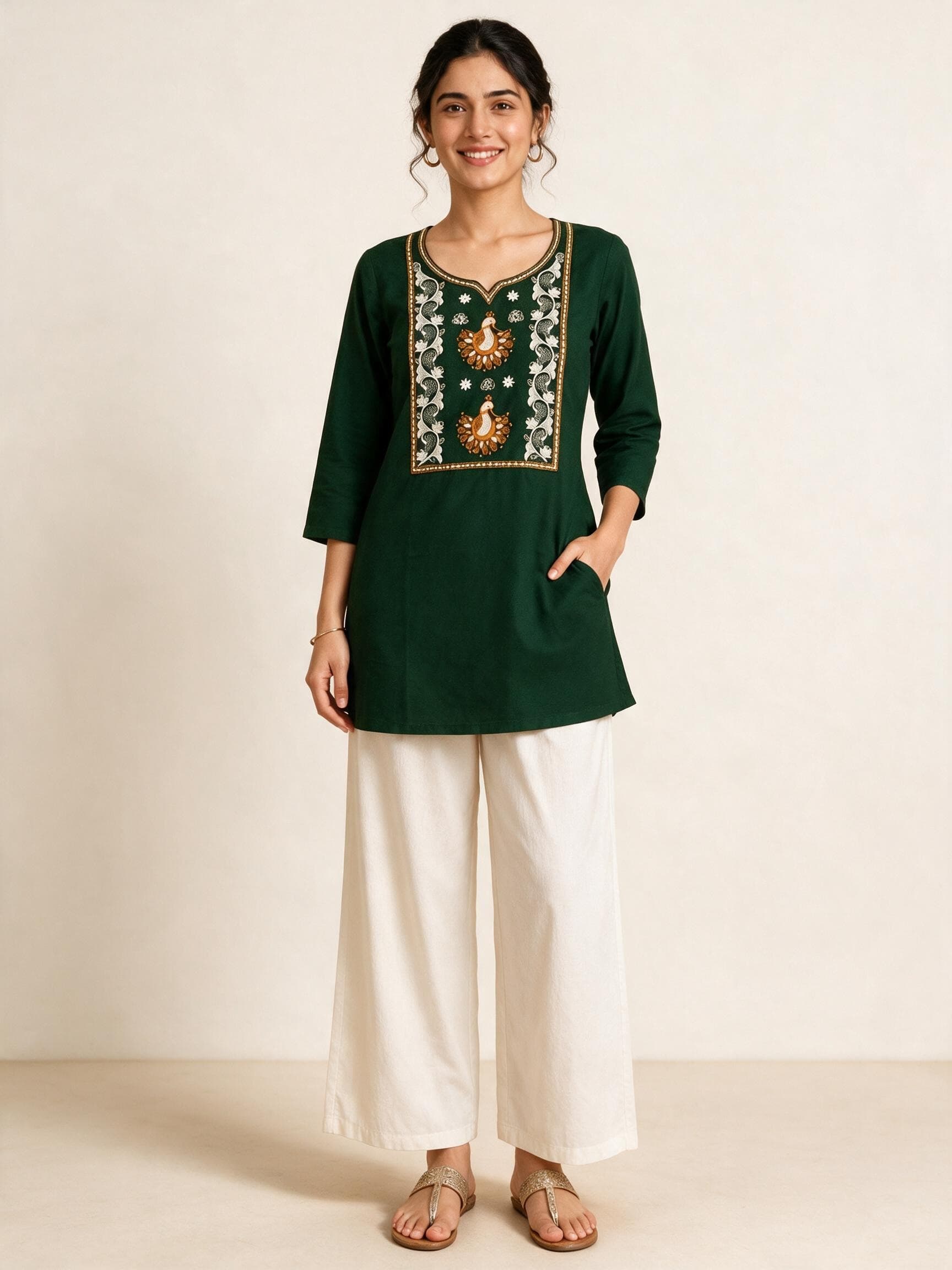 Forest Bird Motif Yoke Kurti & Palazzo Set