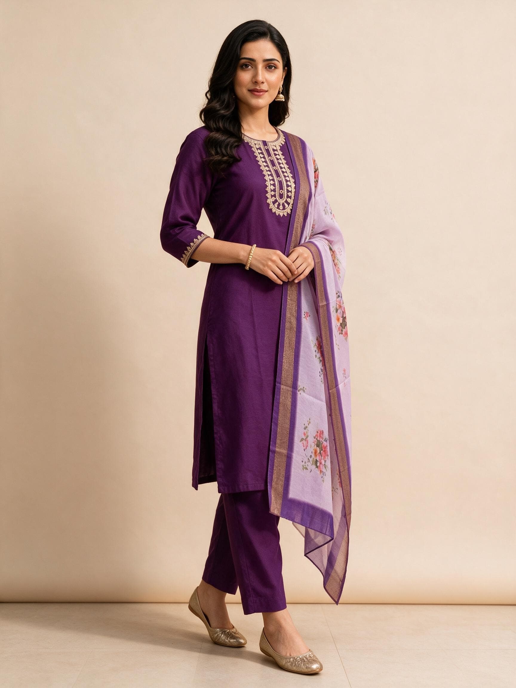 Embroidered Kurta Set with Floral Dupatta