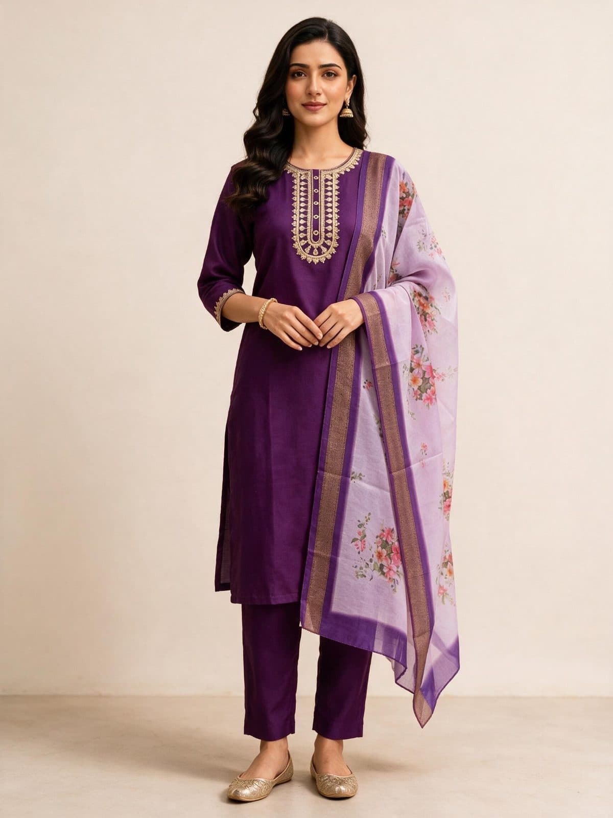 Embroidered Kurta Set with Floral Dupatta
