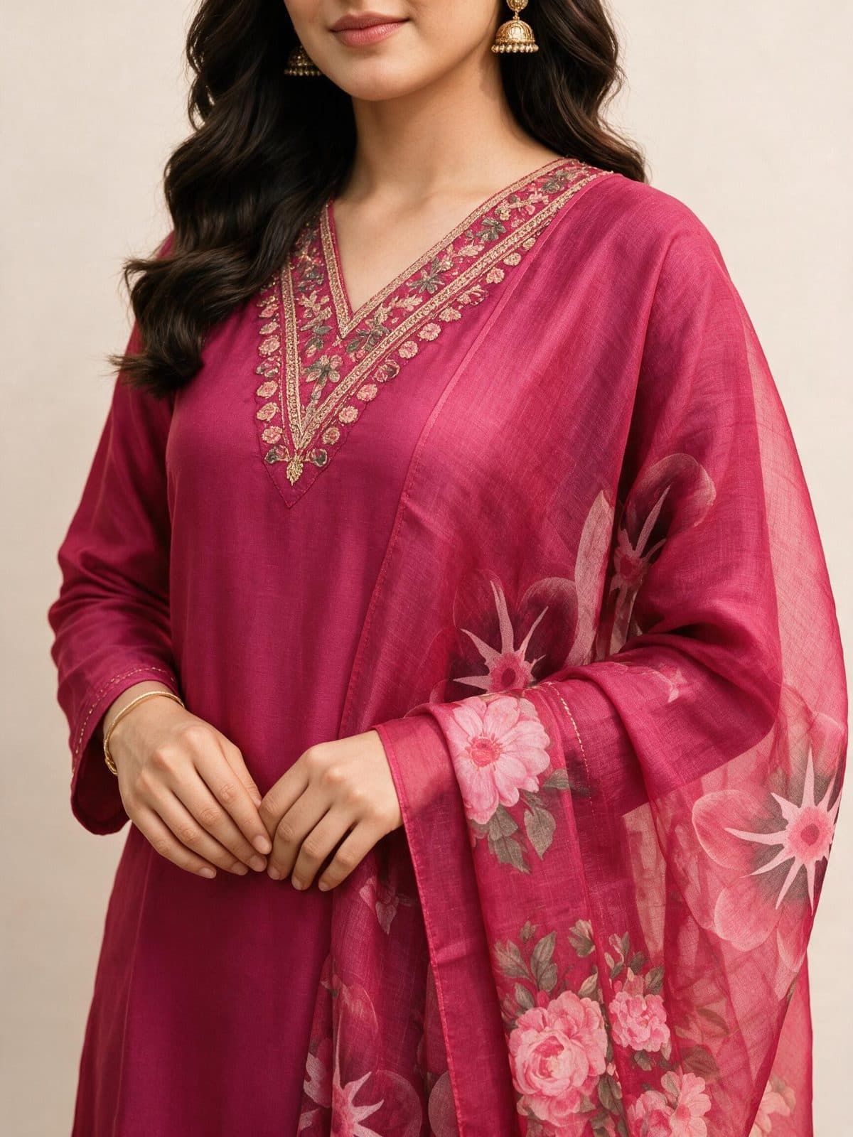 V-Neck Embroidered Kurta Set with Floral Dupatta
