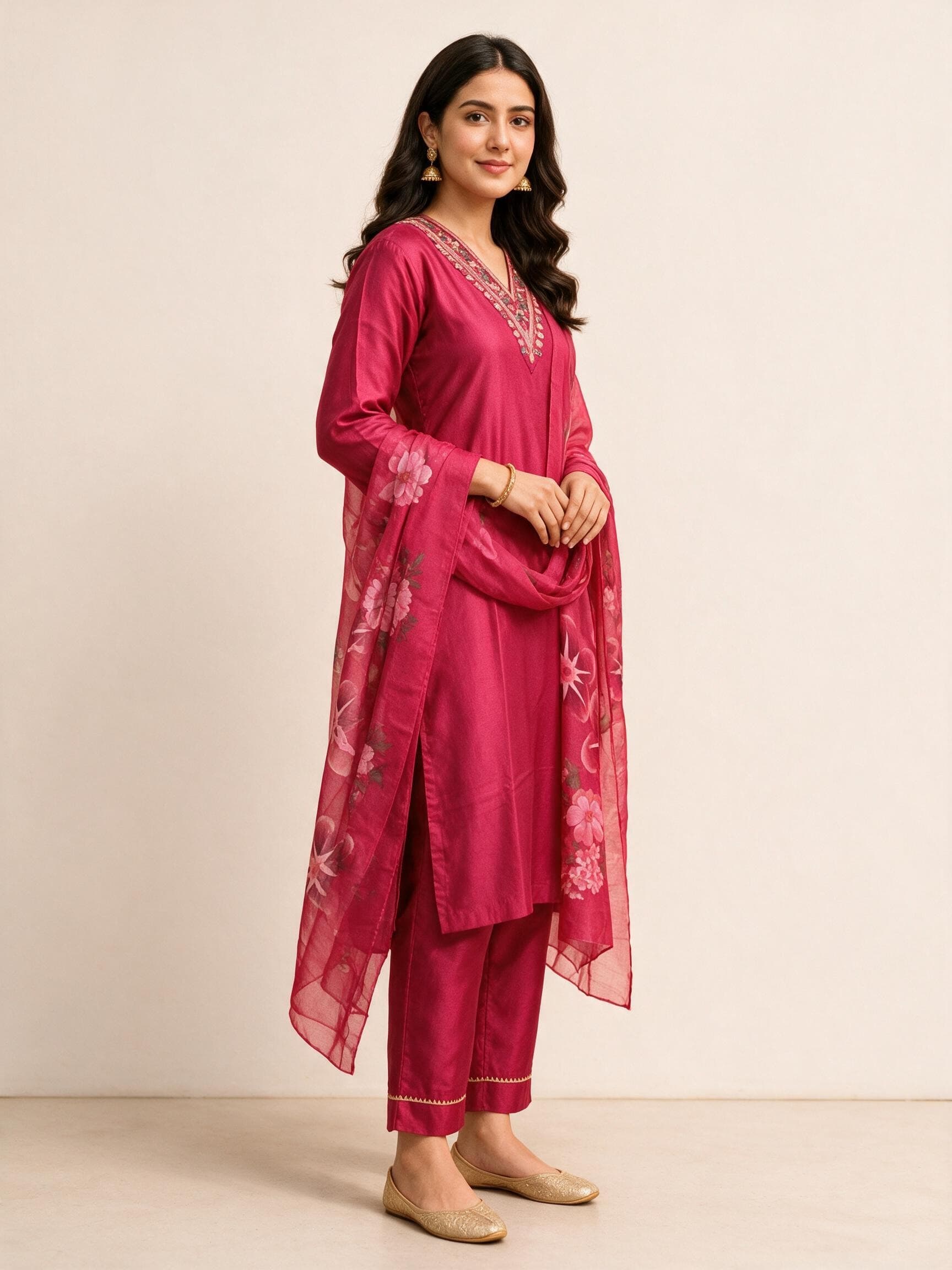 V-Neck Embroidered Kurta Set with Floral Dupatta