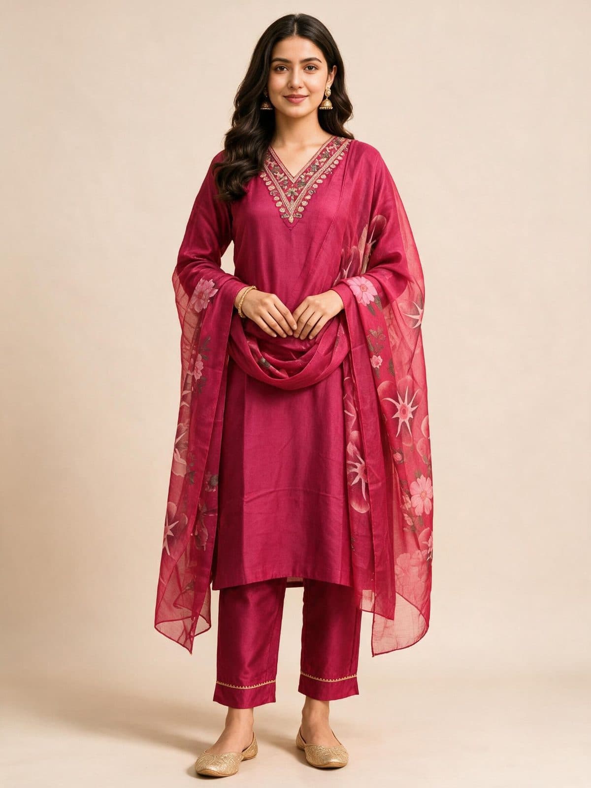 V-Neck Embroidered Kurta Set with Floral Dupatta