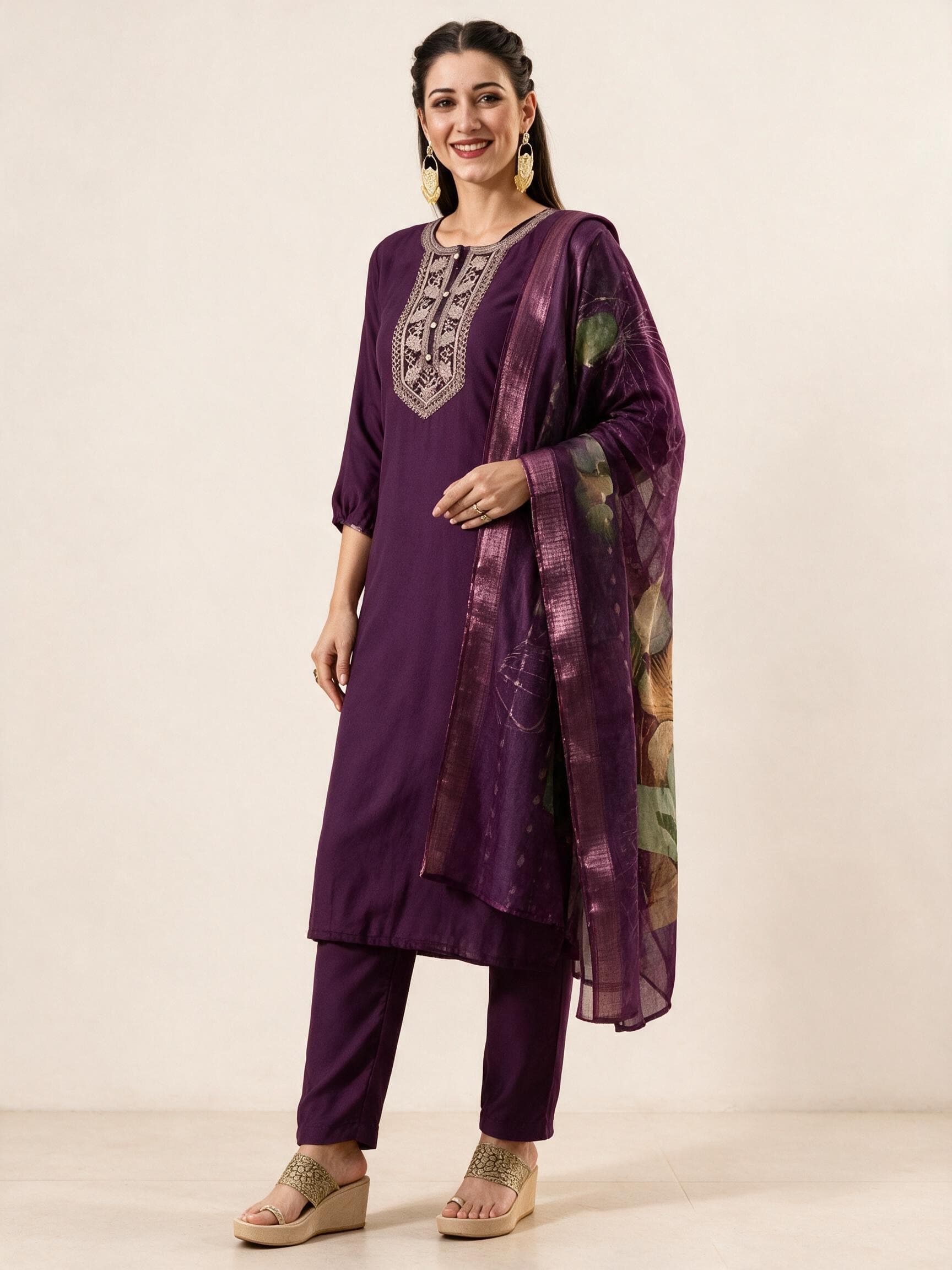 Embroidered Kurta Set with Printed Sheer Dupatta