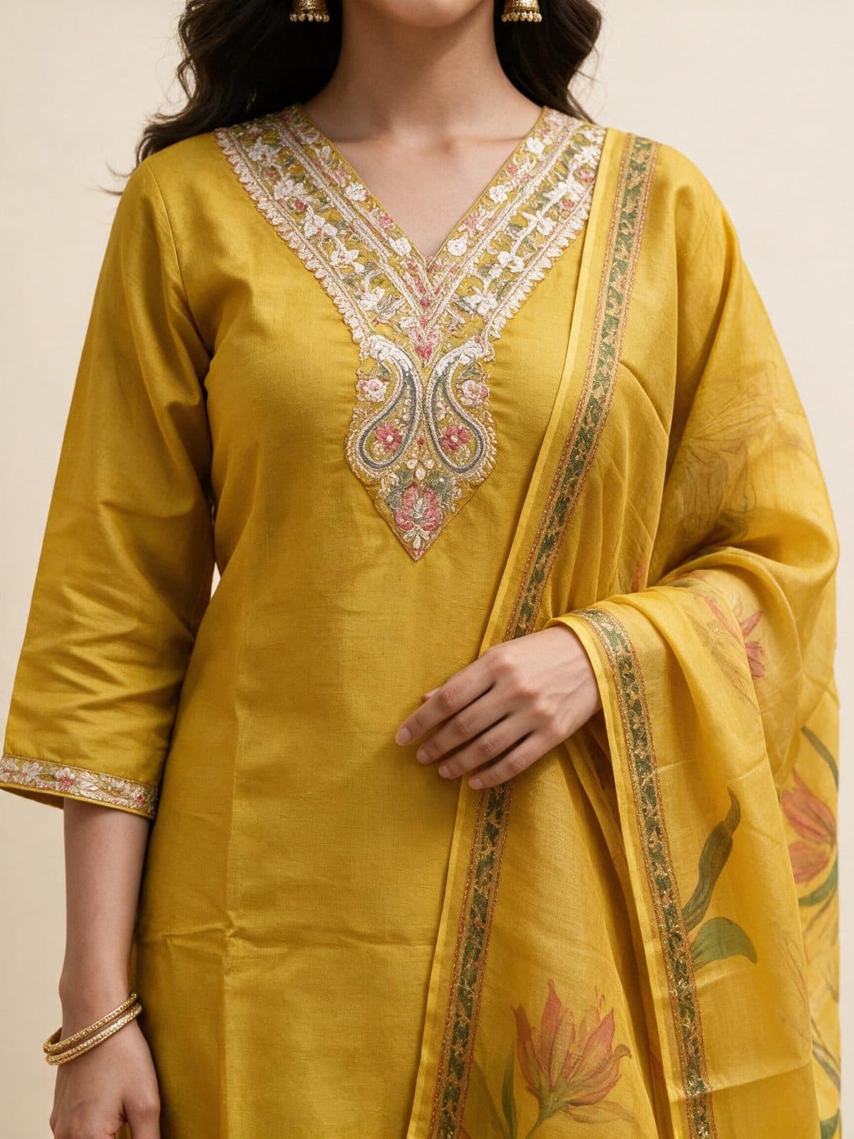 Embroidered V-Neck Kurta Set with Floral Dupatta