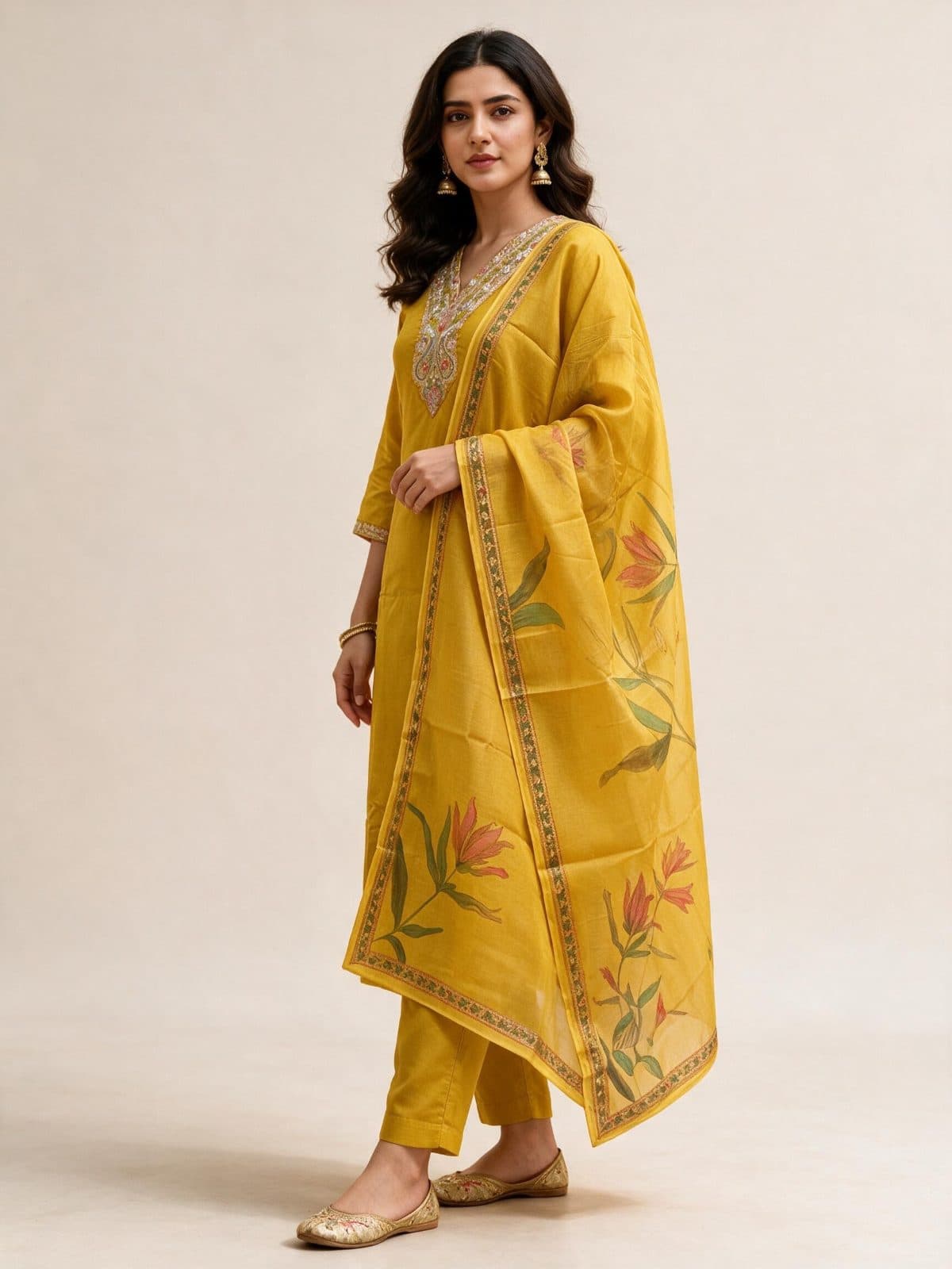 Embroidered V-Neck Kurta Set with Floral Dupatta