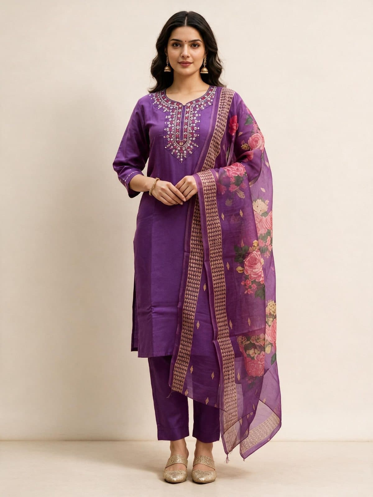 Floral Yoke Embroidered Kurta Set with Rose Dupatta