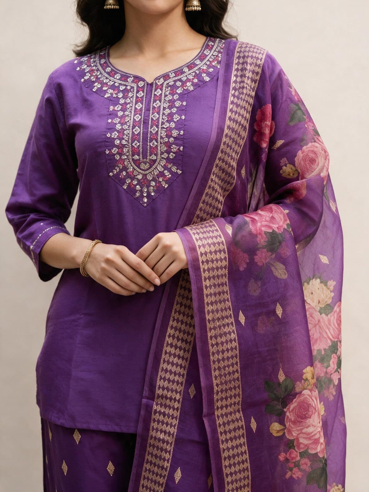 Floral Yoke Embroidered Kurta Set with Rose Dupatta