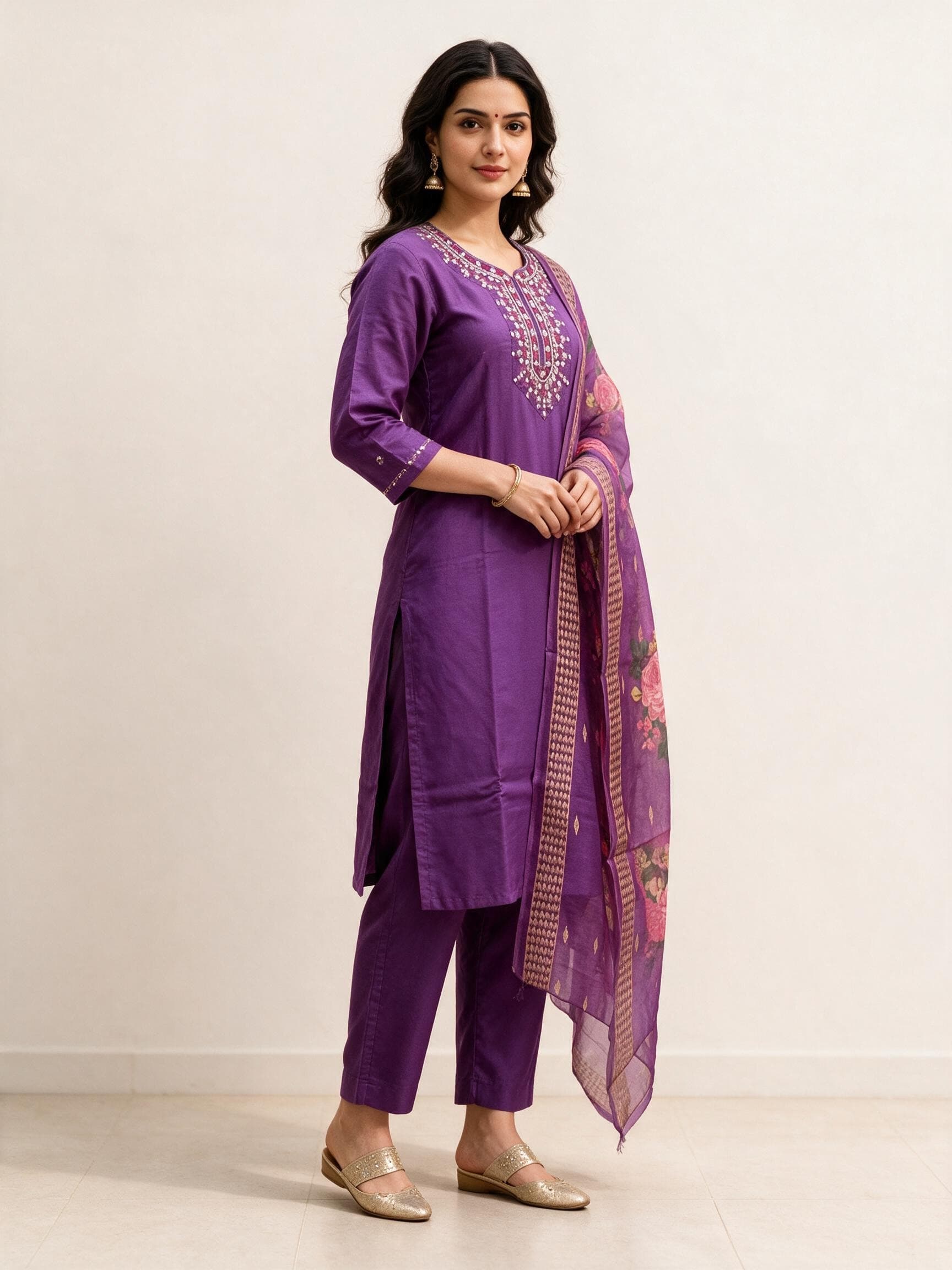 Floral Yoke Embroidered Kurta Set with Rose Dupatta
