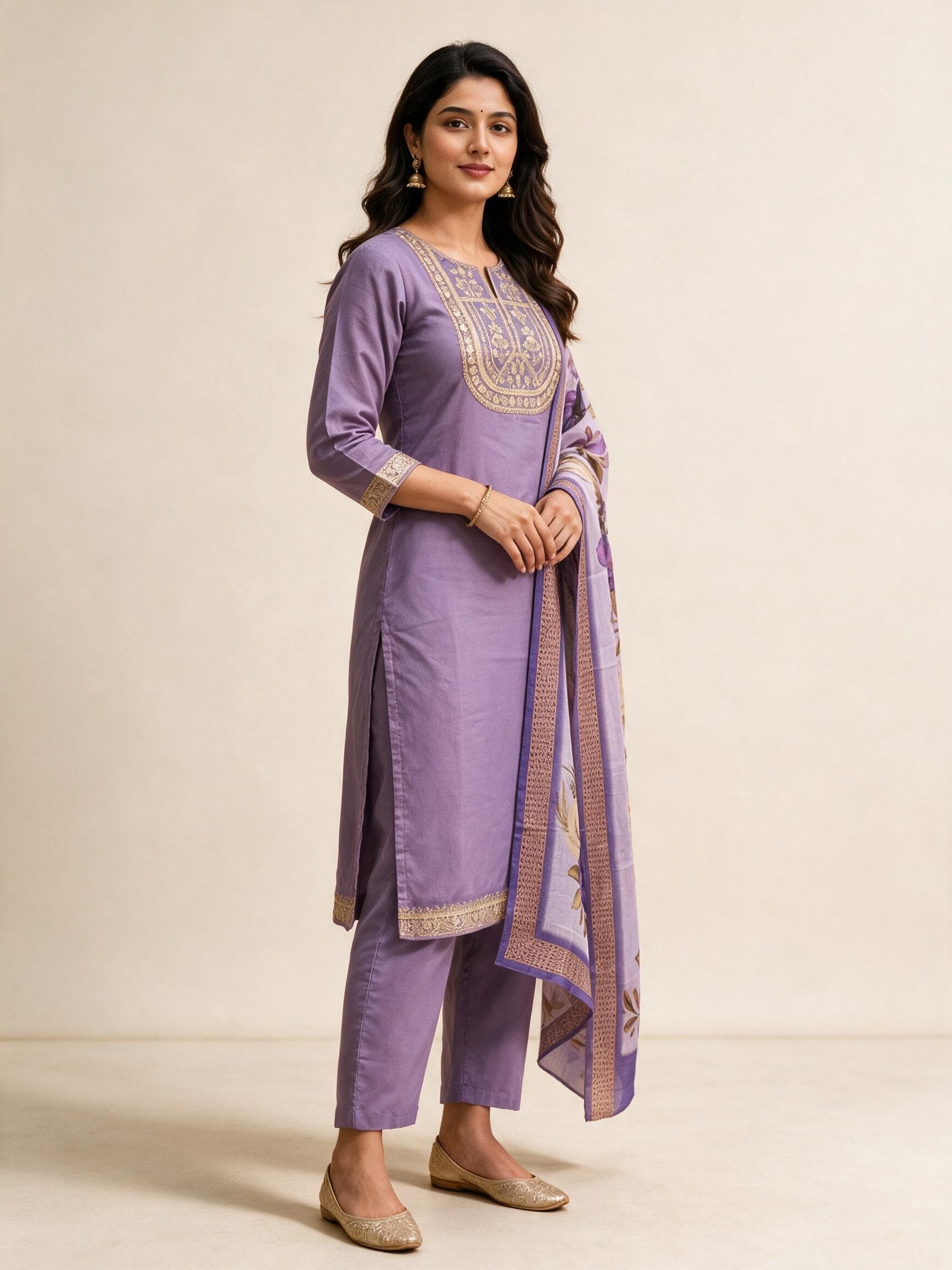 Gold-Embroidered Kurta Set with Floral Dupatta