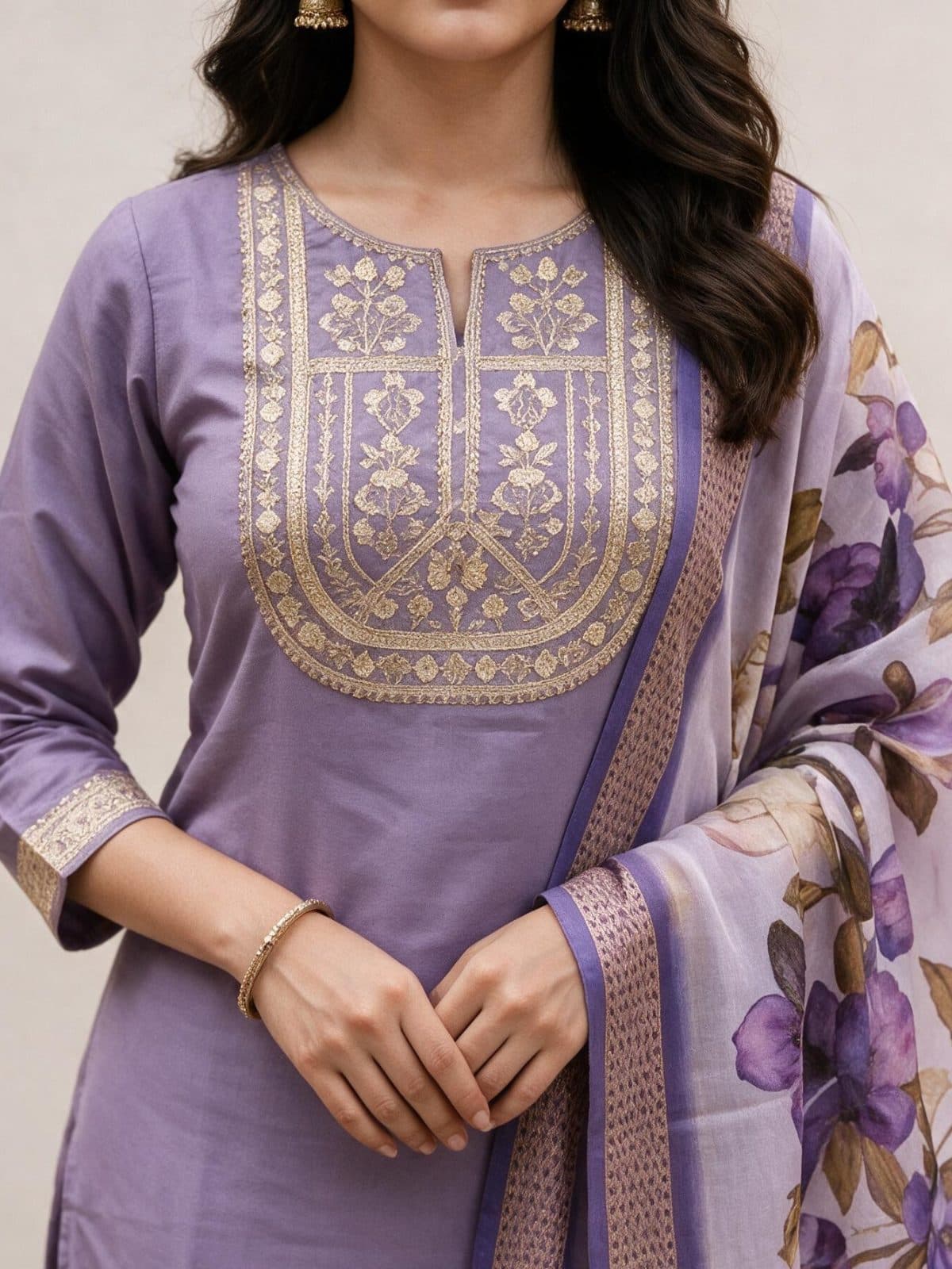 Gold-Embroidered Kurta Set with Floral Dupatta