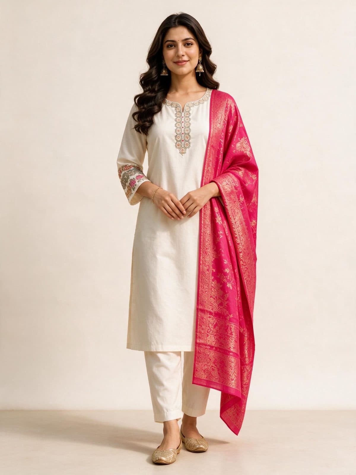 Embroidered Kurta Set with Pink Woven Dupatta