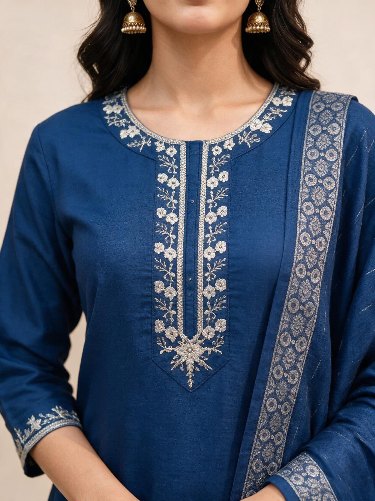 Silver-Embroidered Kurta Set with Dupatta