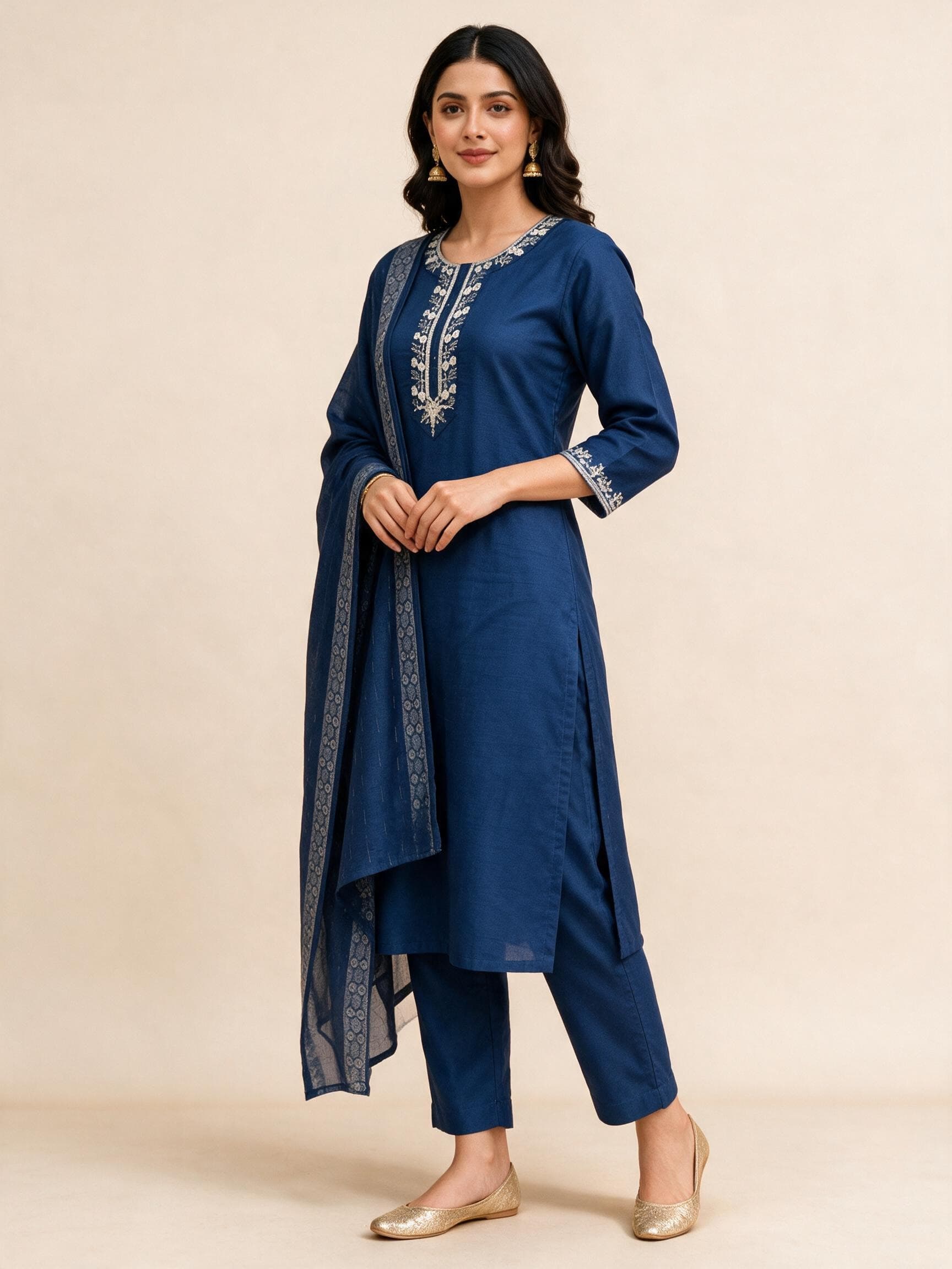 Silver-Embroidered Kurta Set with Dupatta