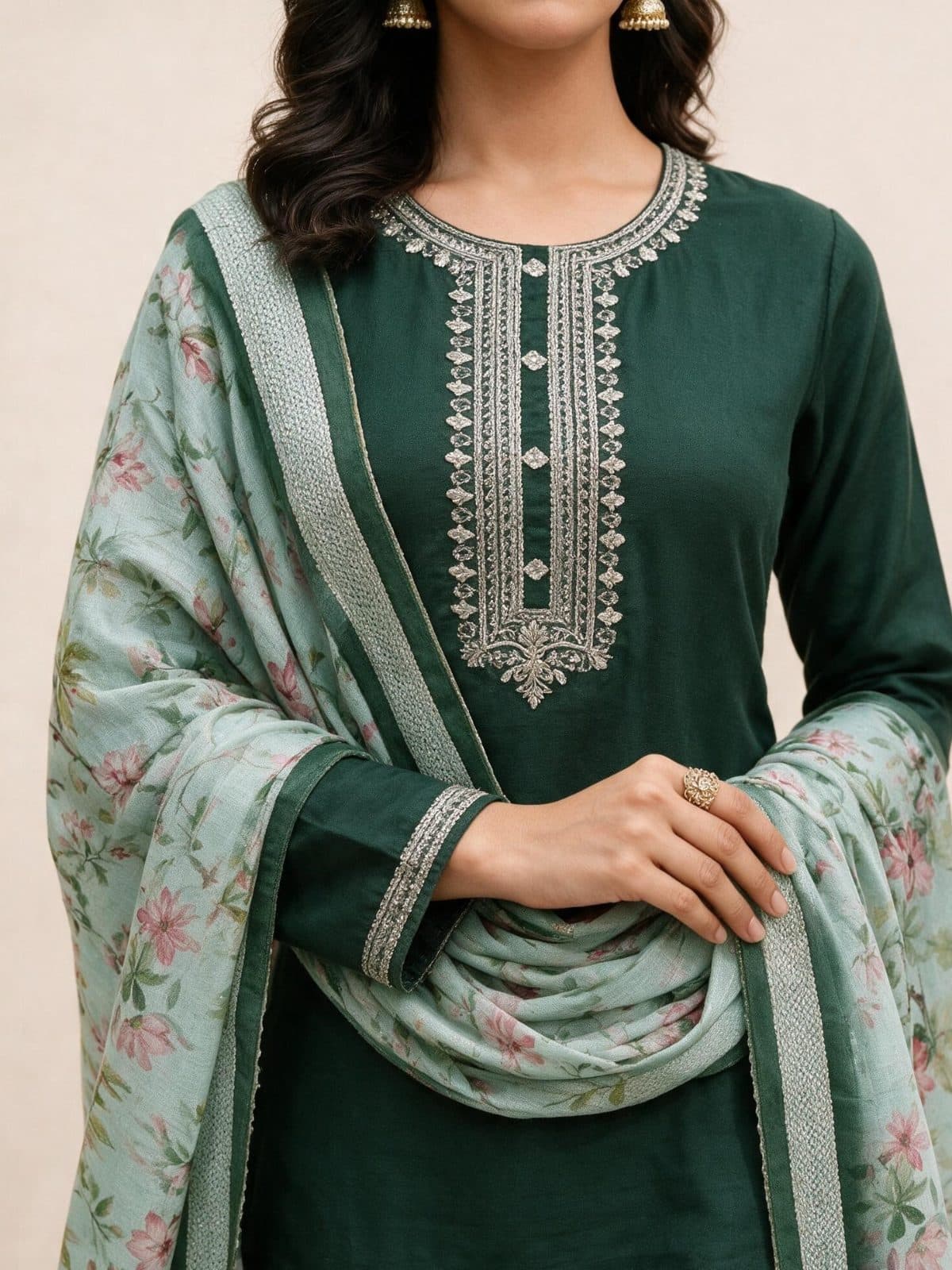 Embroidered Kurta Set with Multi-Color Border Floral Dupatta