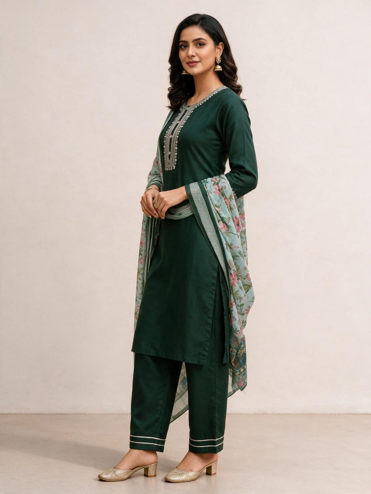 Embroidered Kurta Set with Multi-Color Border Floral Dupatta
