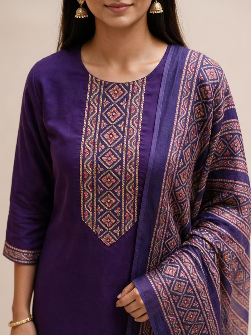 Geometric Embroidered Kurta Set with Printed Dupatta