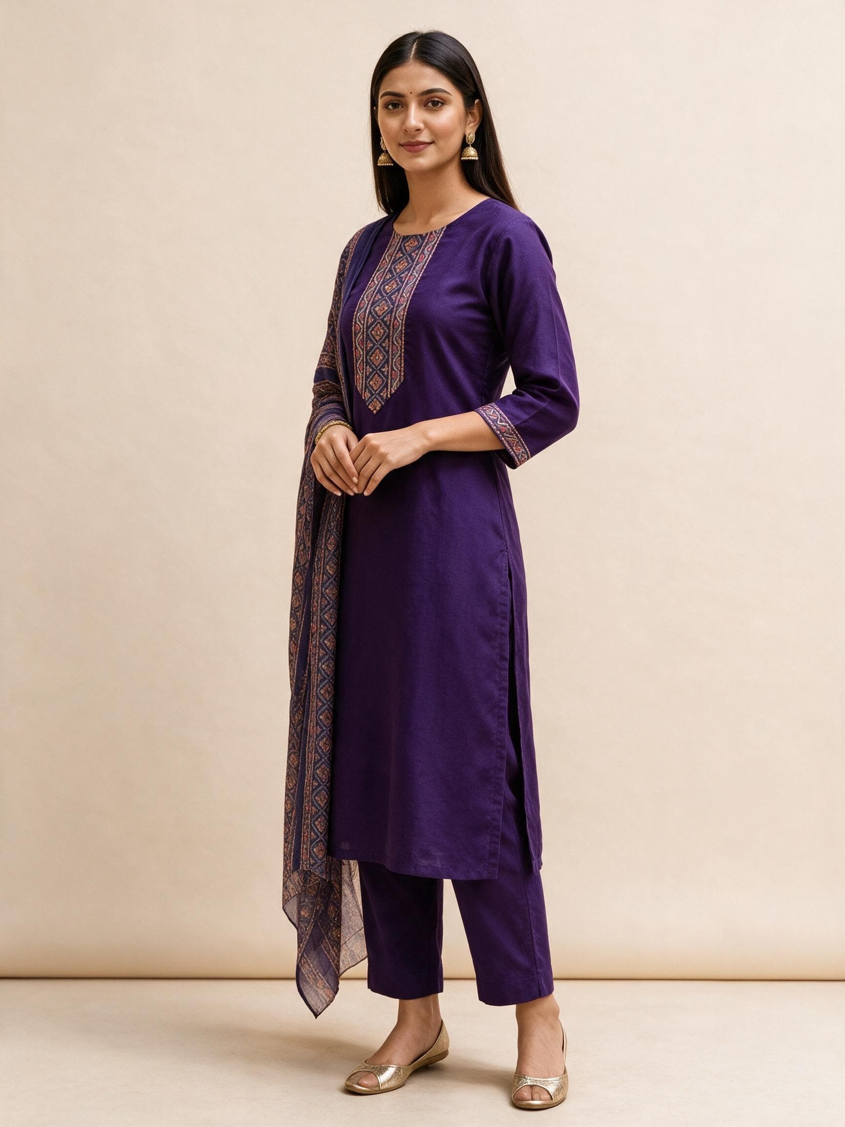 Geometric Embroidered Kurta Set with Printed Dupatta