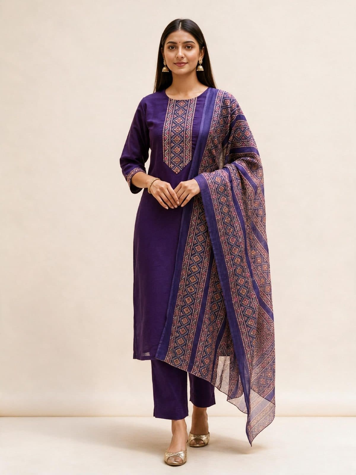 Geometric Embroidered Kurta Set with Printed Dupatta