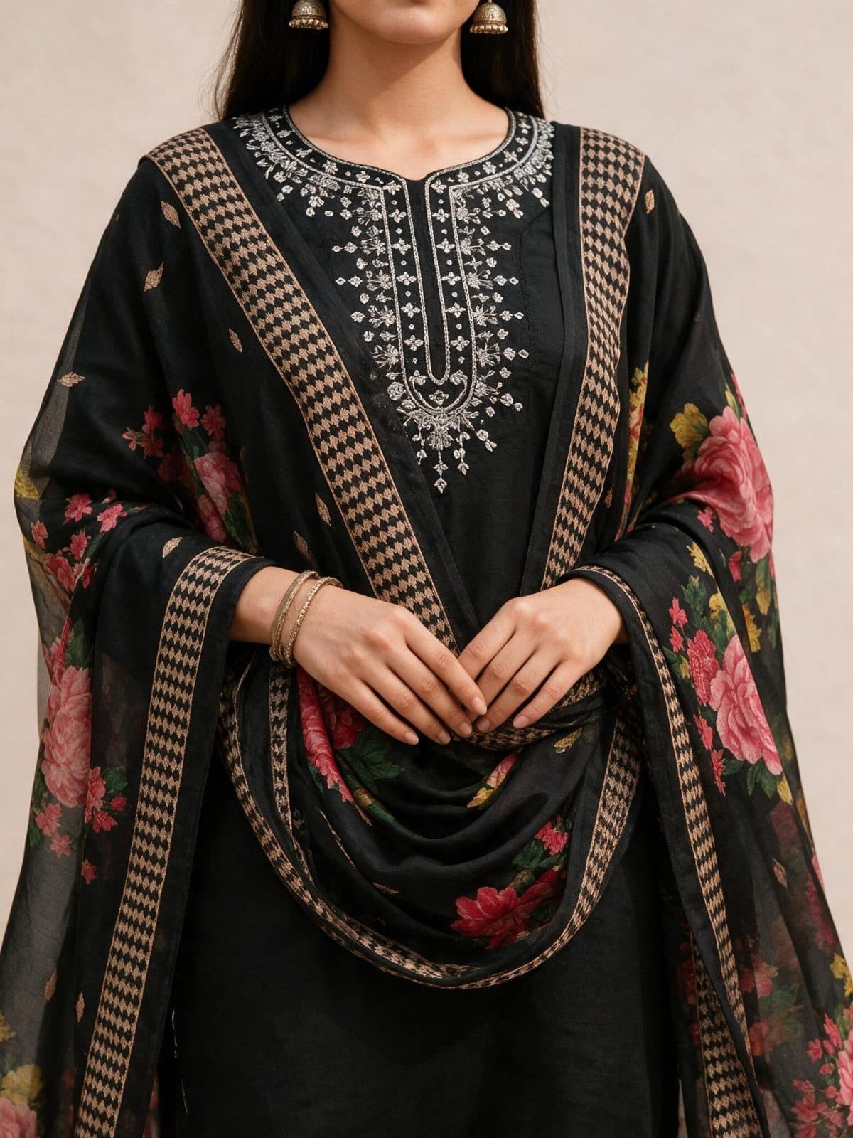 Silver-Embroidered Kurta Set with Floral Dupatta