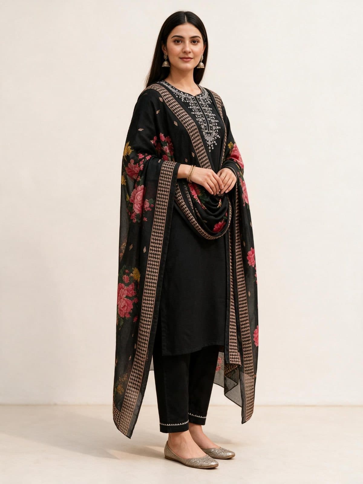 Silver-Embroidered Kurta Set with Floral Dupatta