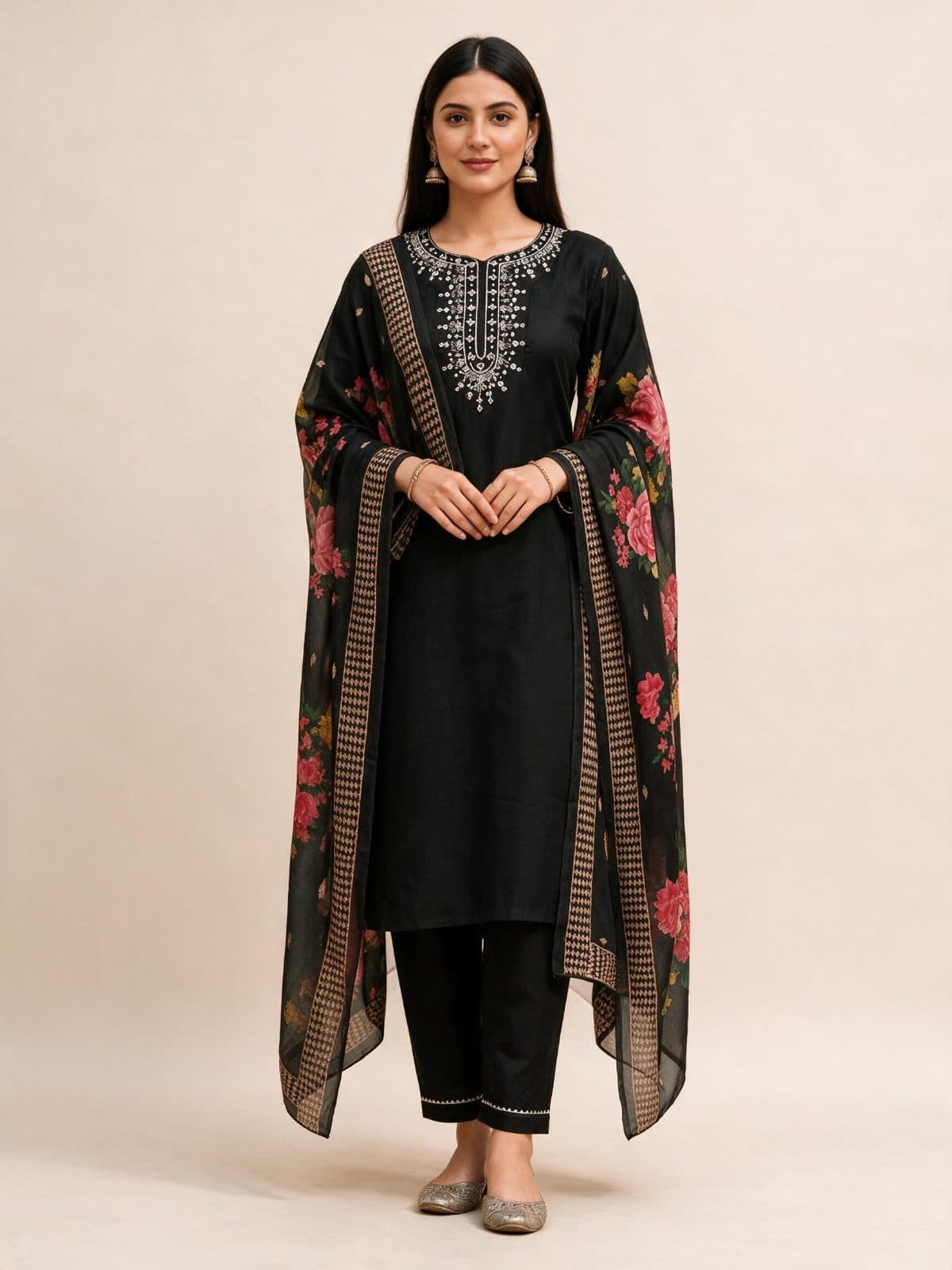 Silver-Embroidered Kurta Set with Floral Dupatta