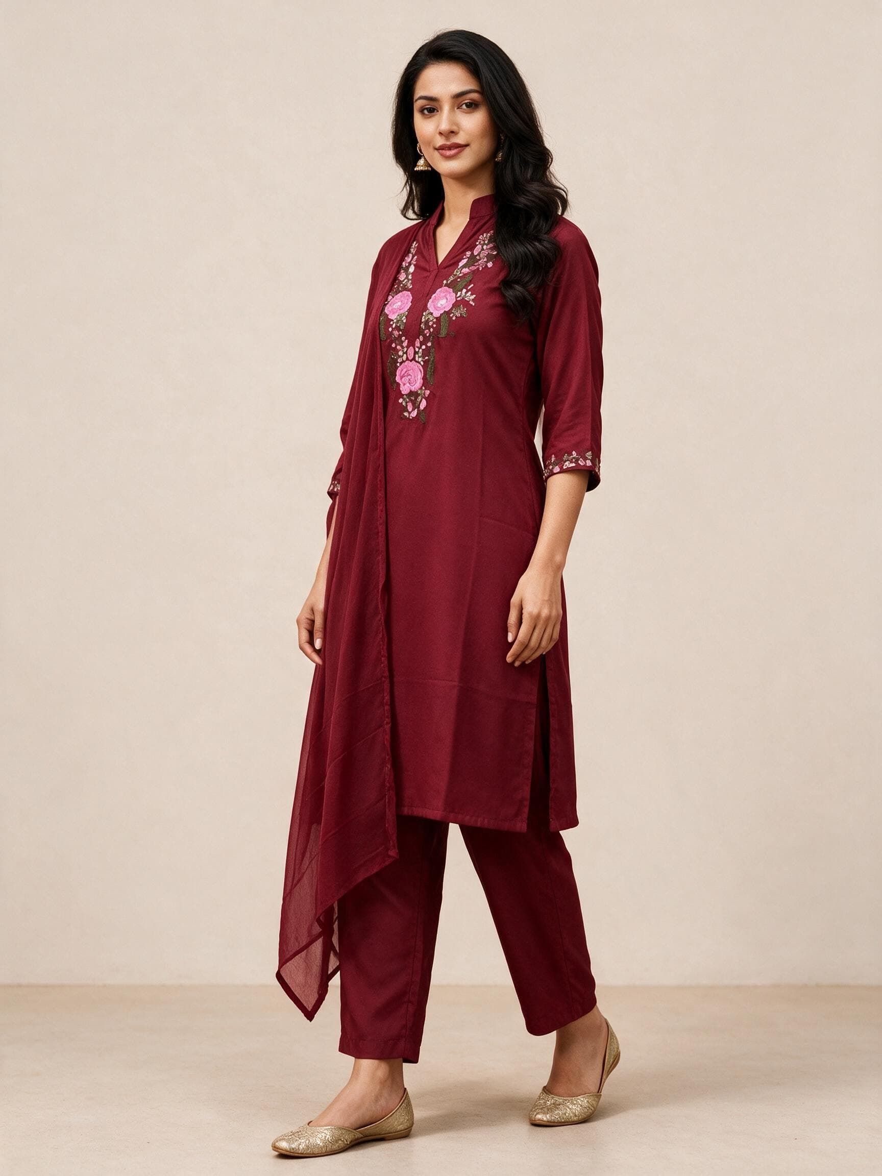 Floral Embroidered Kurta Set with Sheer Dupatta