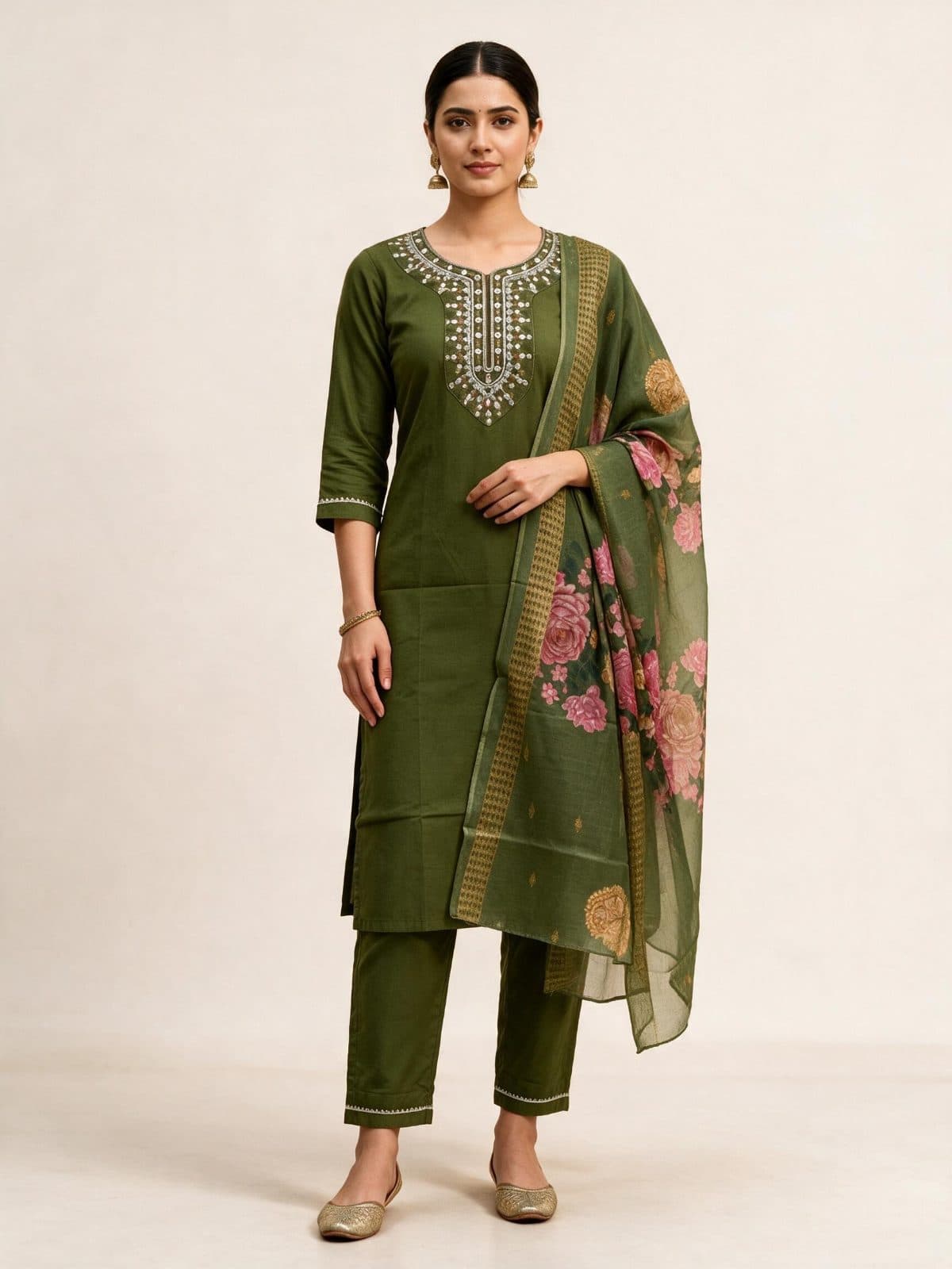 Embroidered Kurta Set with Floral Dupatta