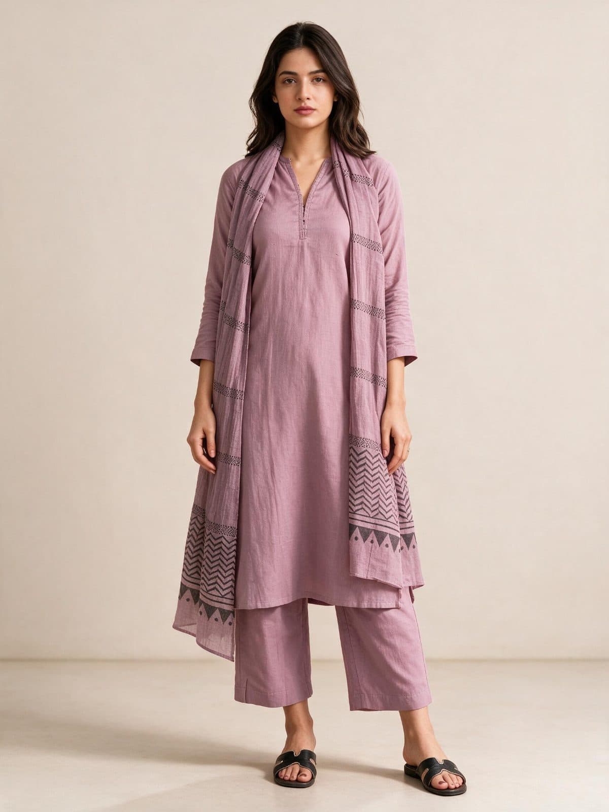 Mauve Solid Kurta Set with Geometric Print Dupatta