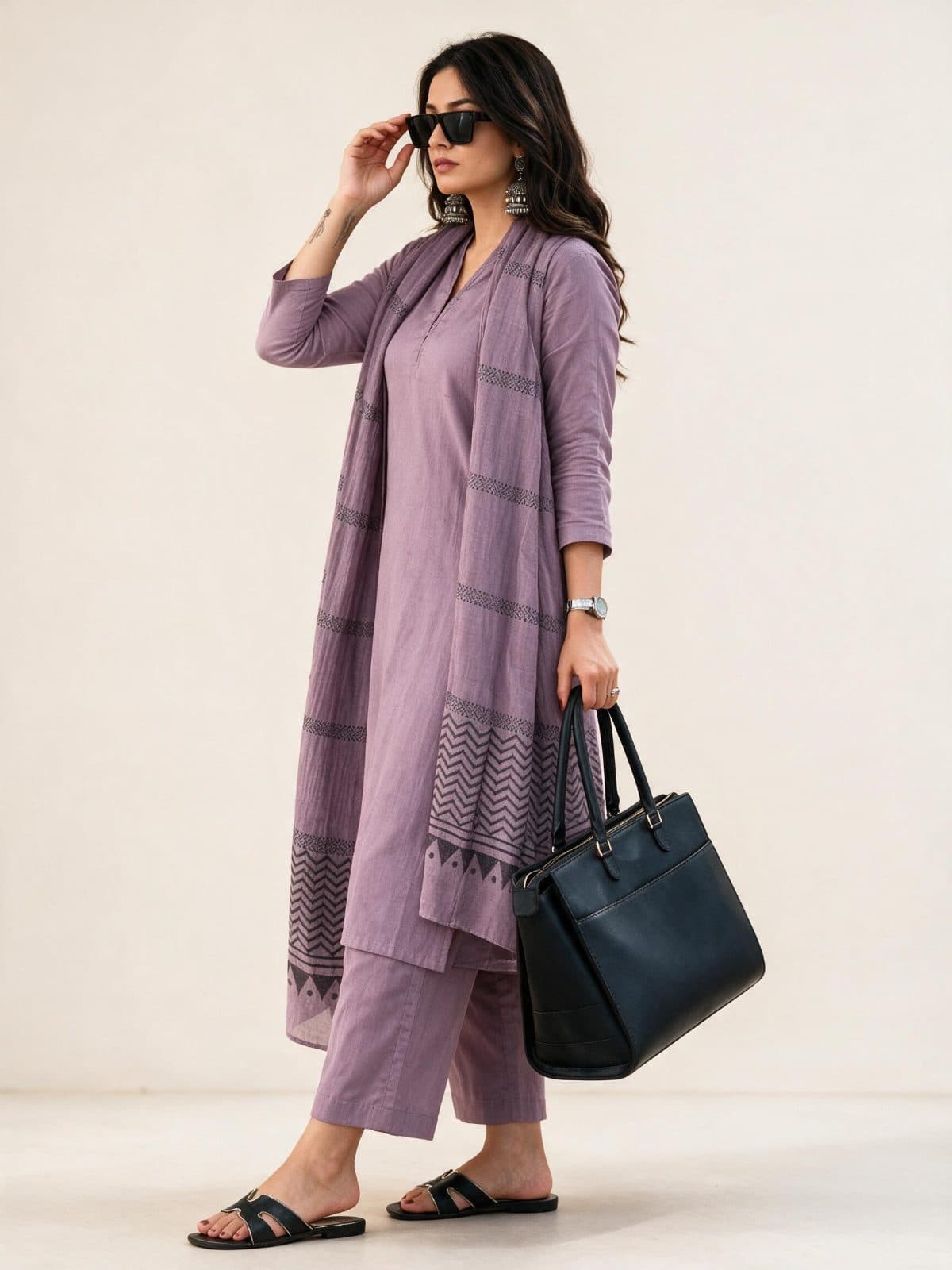 Mauve Solid Kurta Set with Geometric Print Dupatta