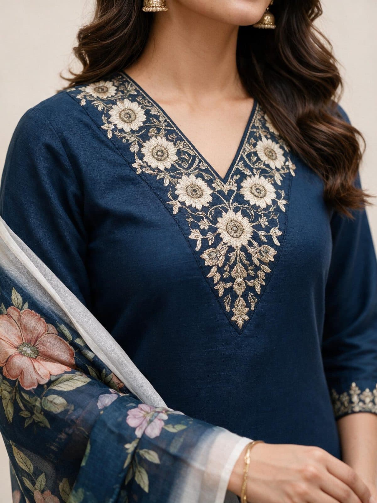 Embroidered V-Neck Kurta Set with Floral Dupatta