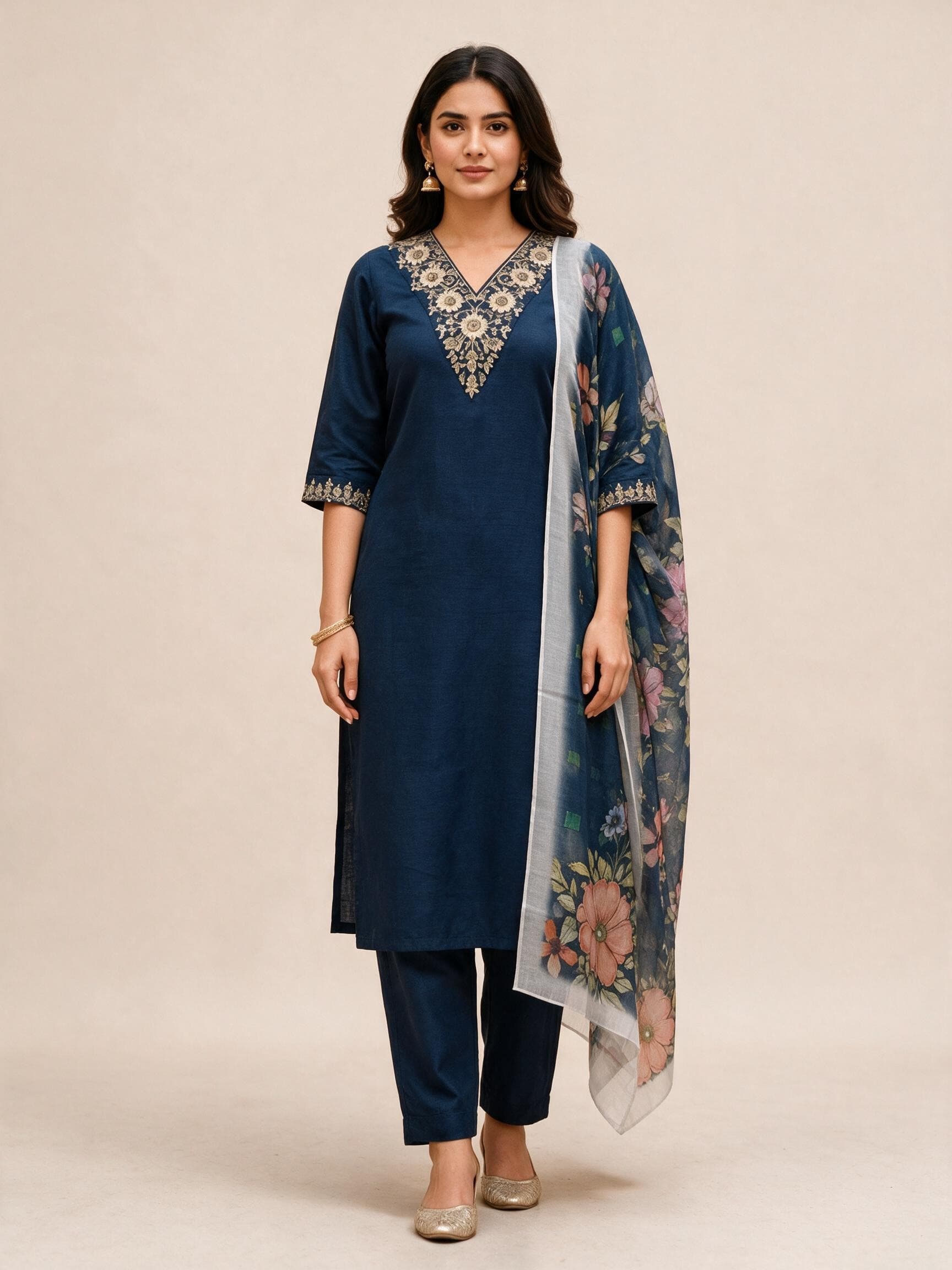 Embroidered V-Neck Kurta Set with Floral Dupatta