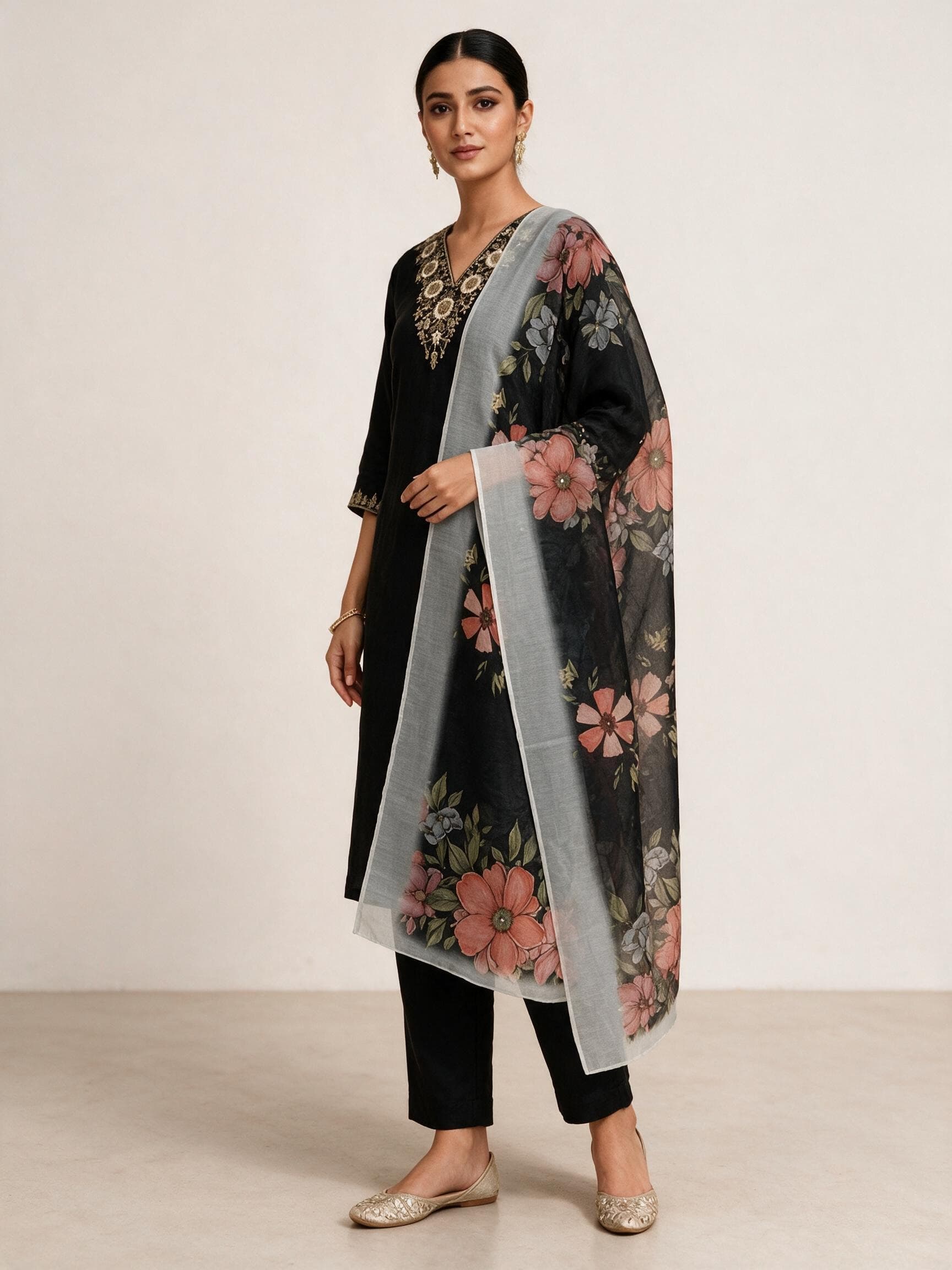 Embroidered V-Neck Kurta Set with Floral Dupatta