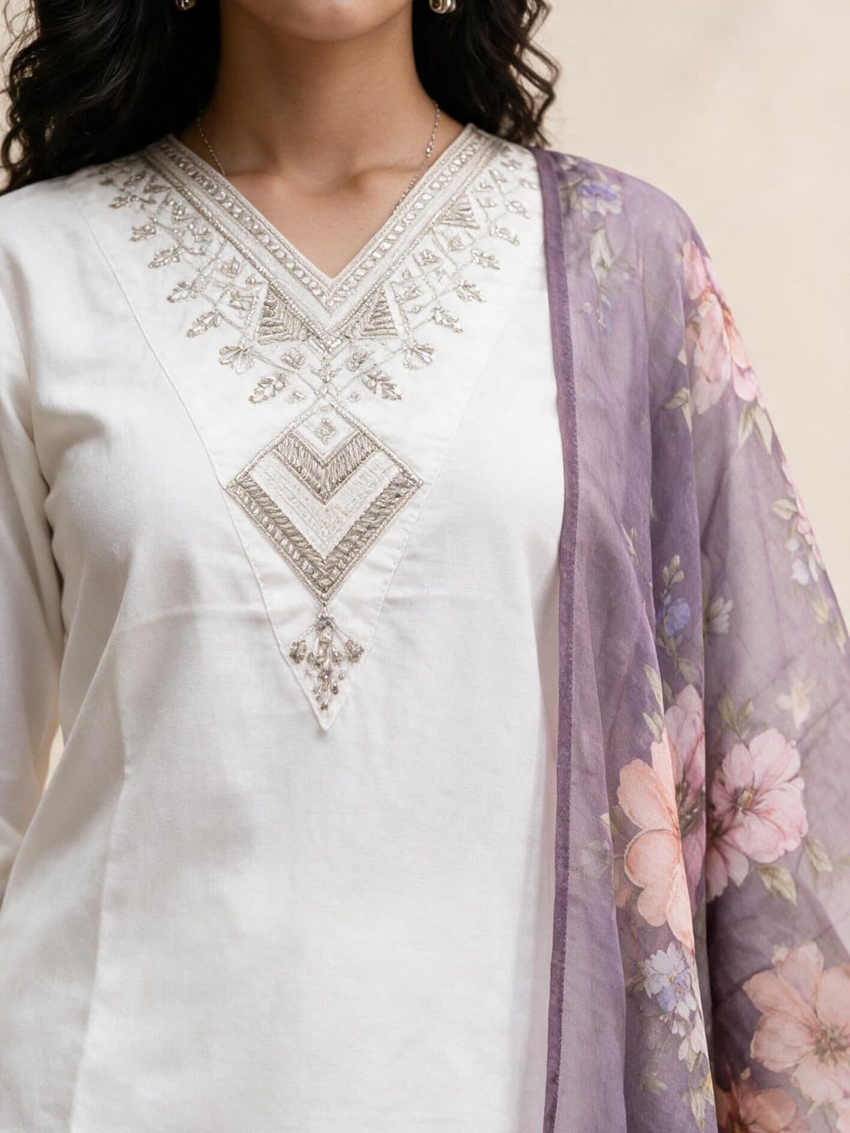 Embroidered V-Neck Kurta Set with Floral Dupatta