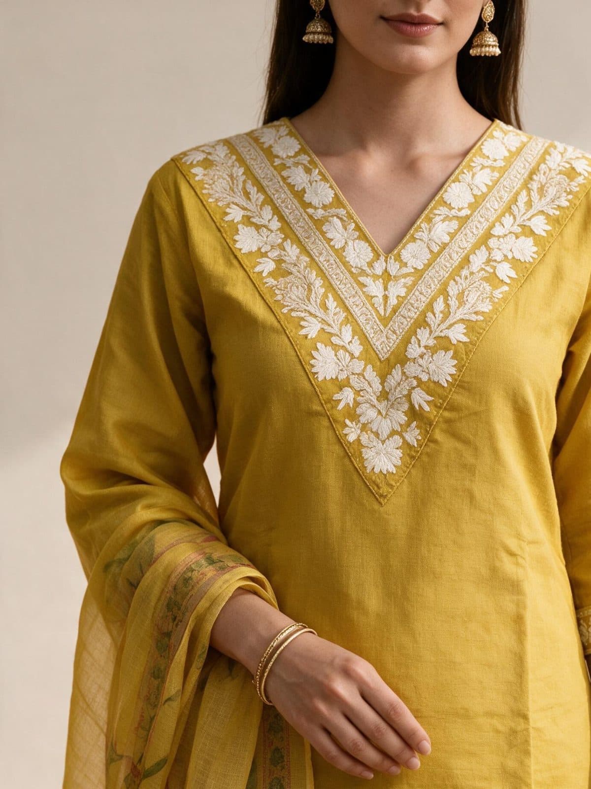 White-Embroidered V-Neck Kurta Set with Floral Dupatta