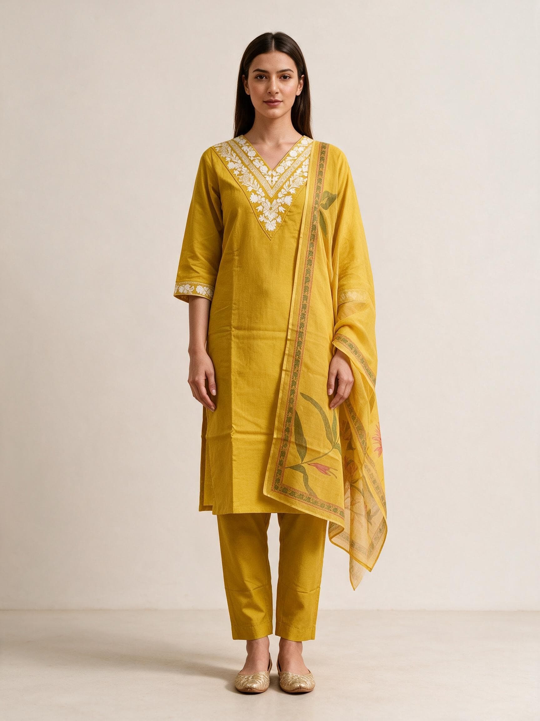 White-Embroidered V-Neck Kurta Set with Floral Dupatta