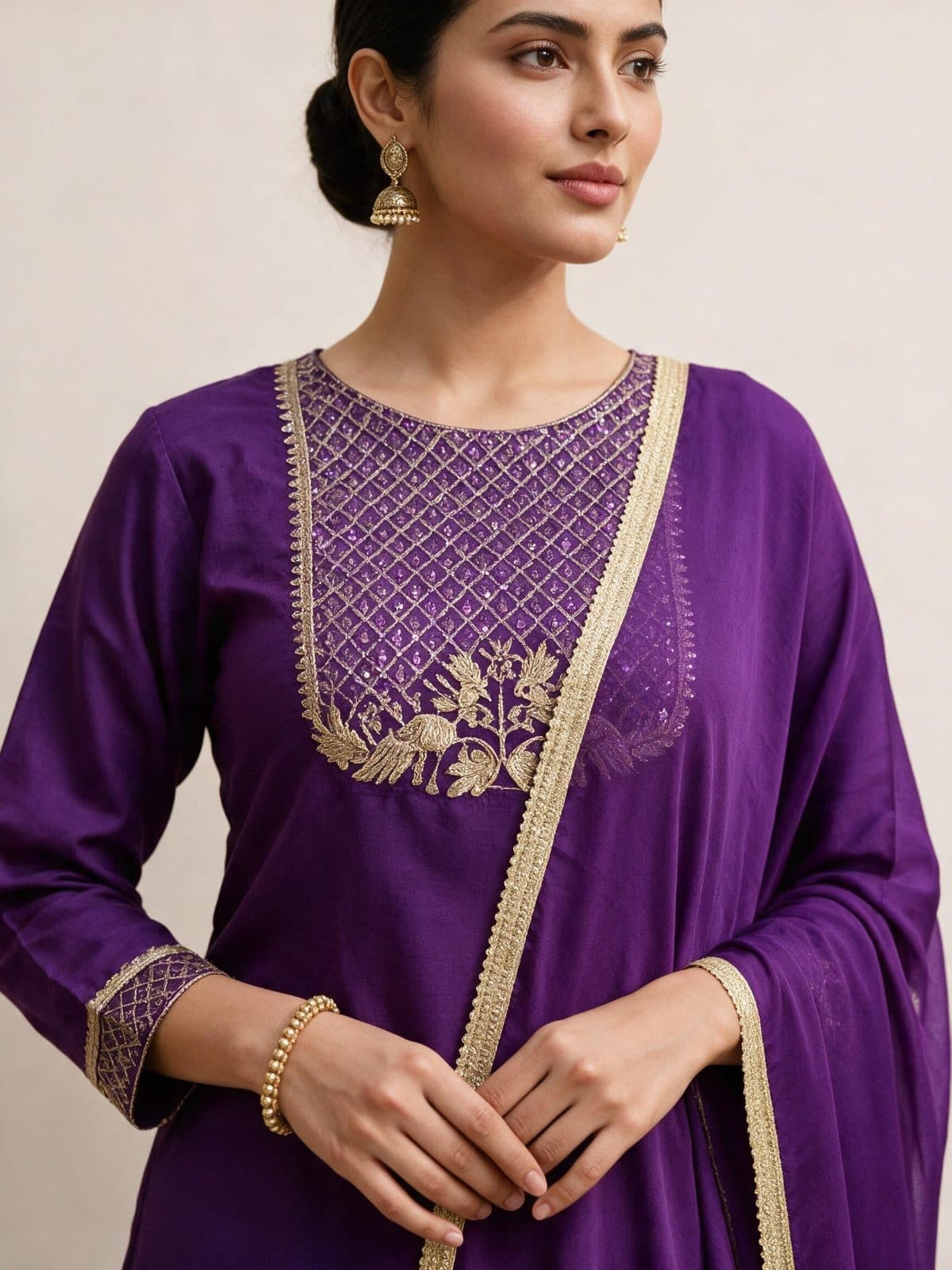 Gold-Embroidered Kurta Set with Sheer Dupatta