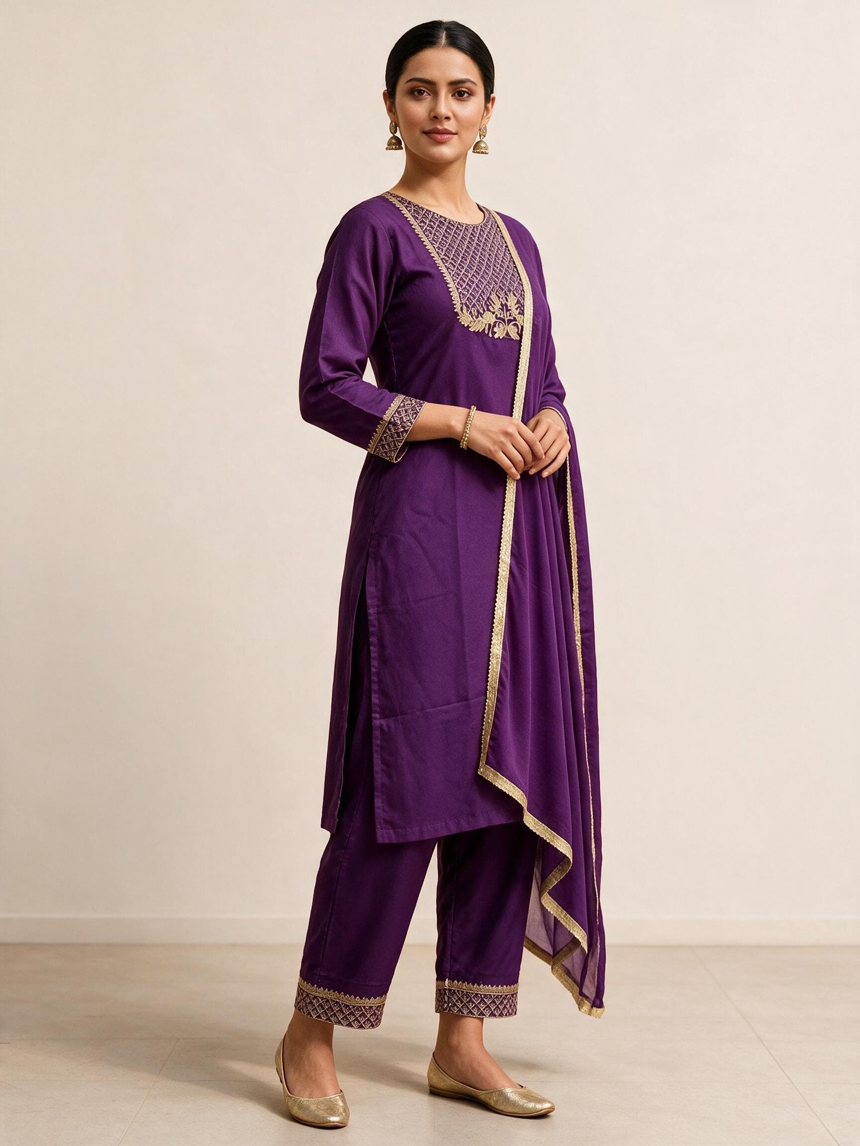 Gold-Embroidered Kurta Set with Sheer Dupatta