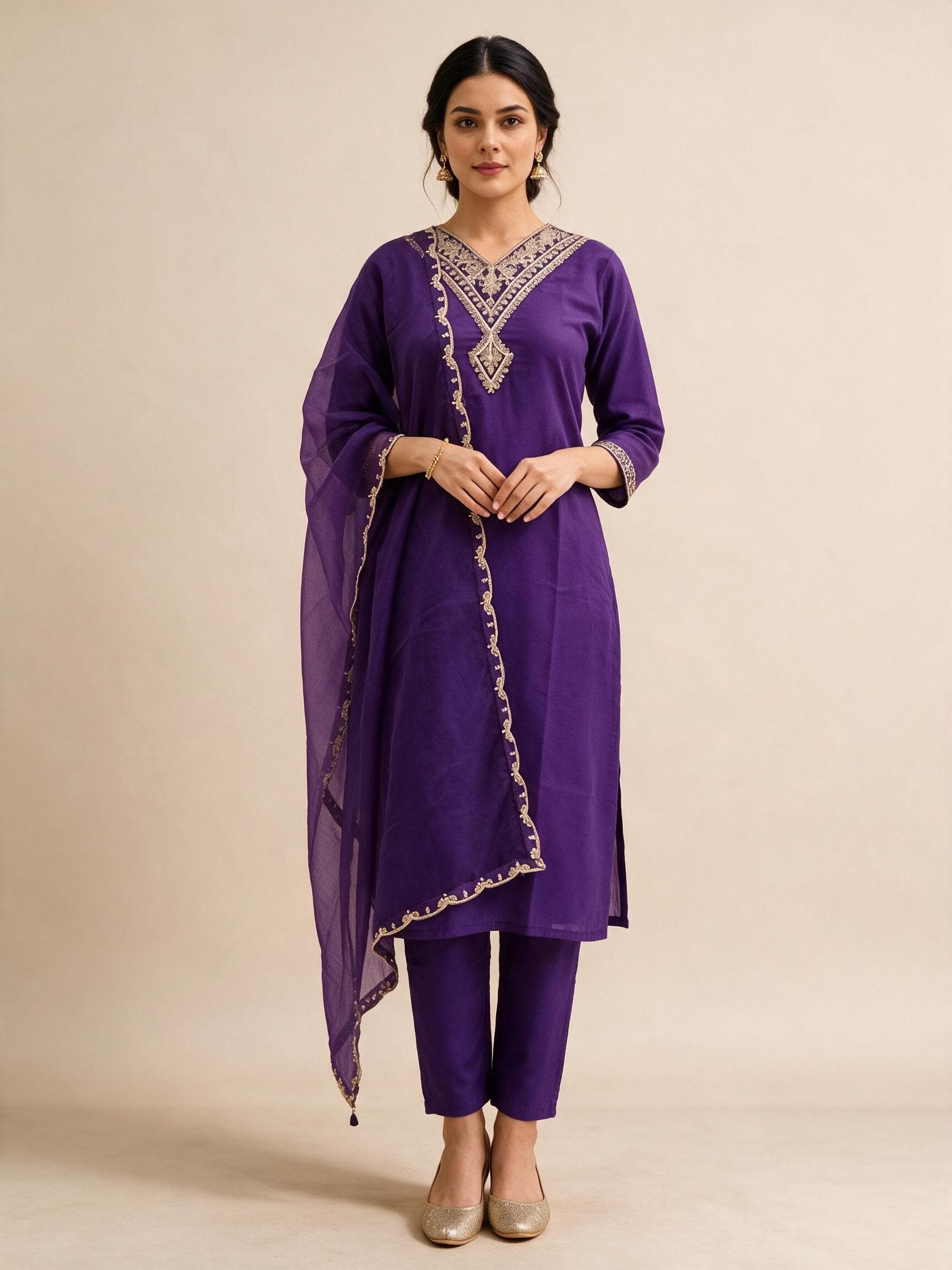 V-Neck Embroidered Kurta Set with Scalloped Dupatta