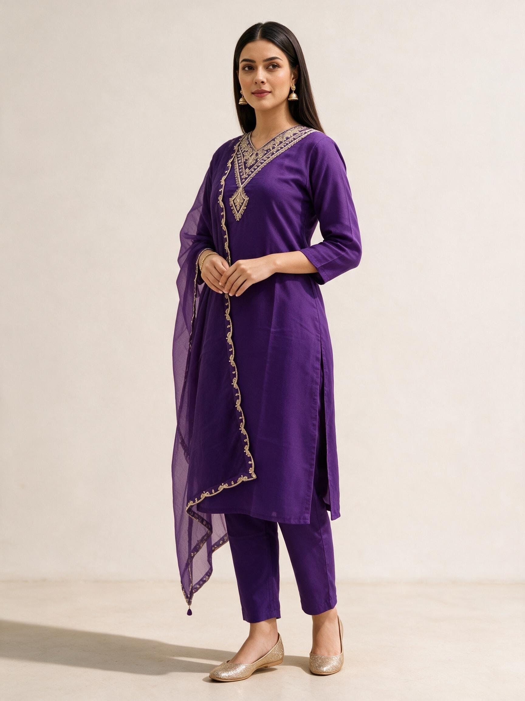 V-Neck Embroidered Kurta Set with Scalloped Dupatta