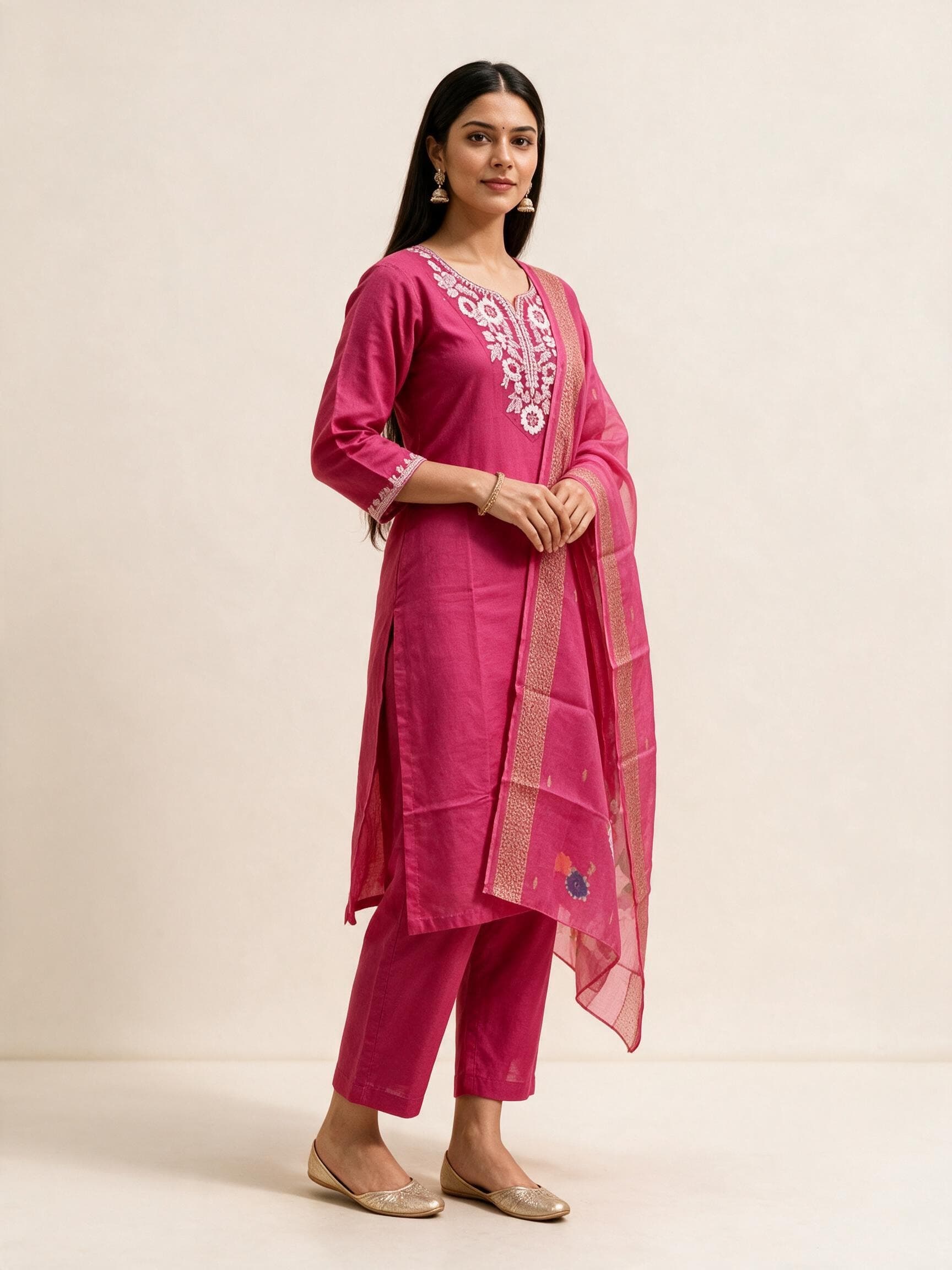 White-Embroidered Kurta Set with Bordered Dupatta