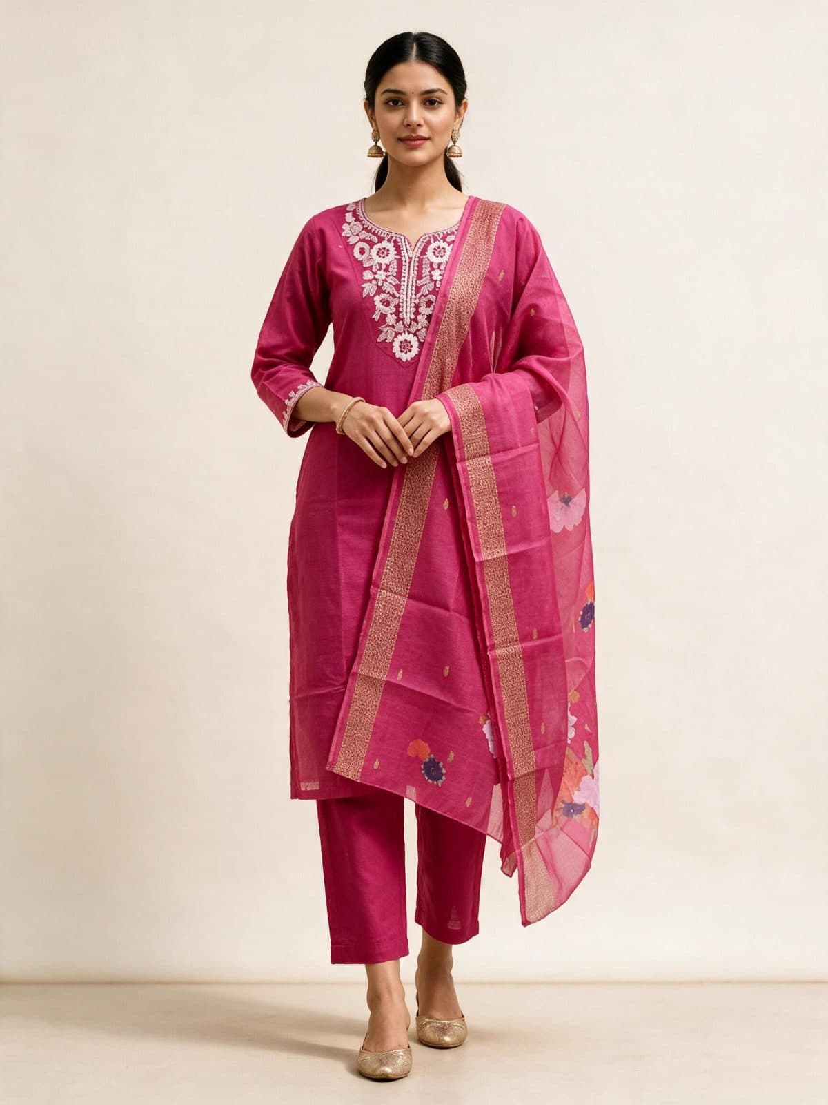 White-Embroidered Kurta Set with Bordered Dupatta