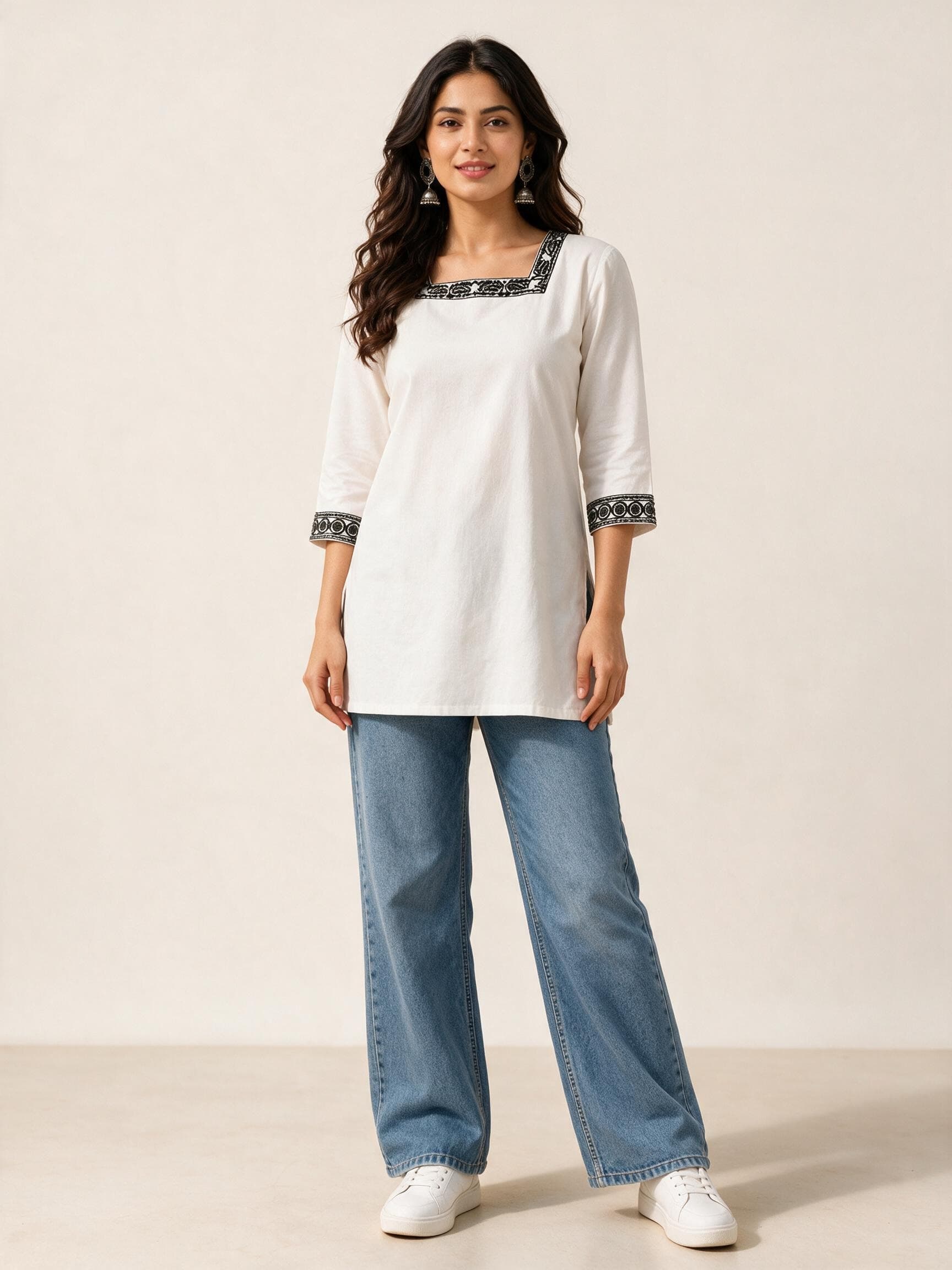 Square-Neck Embroidered Short Kurti