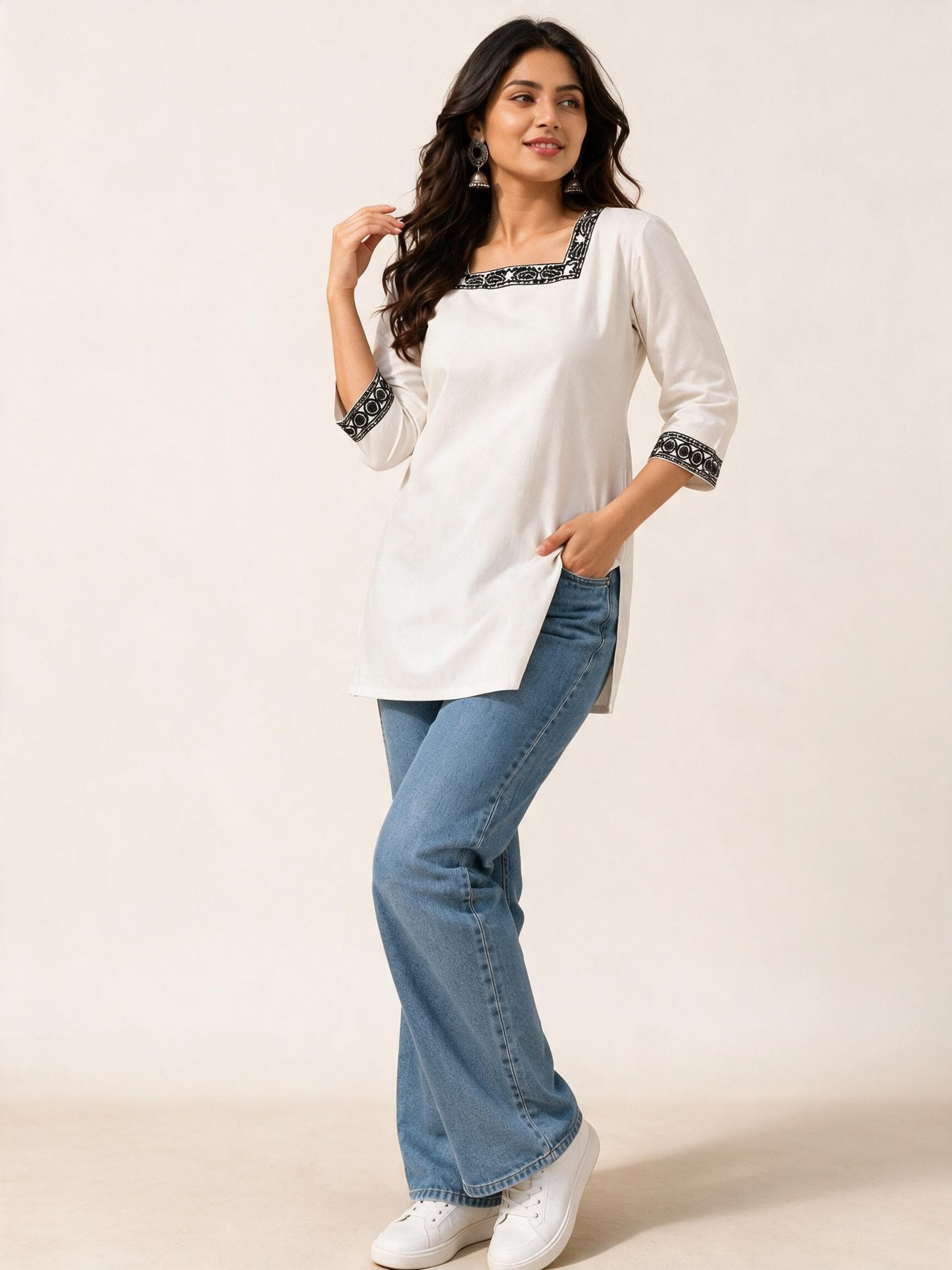 Square-Neck Embroidered Short Kurti