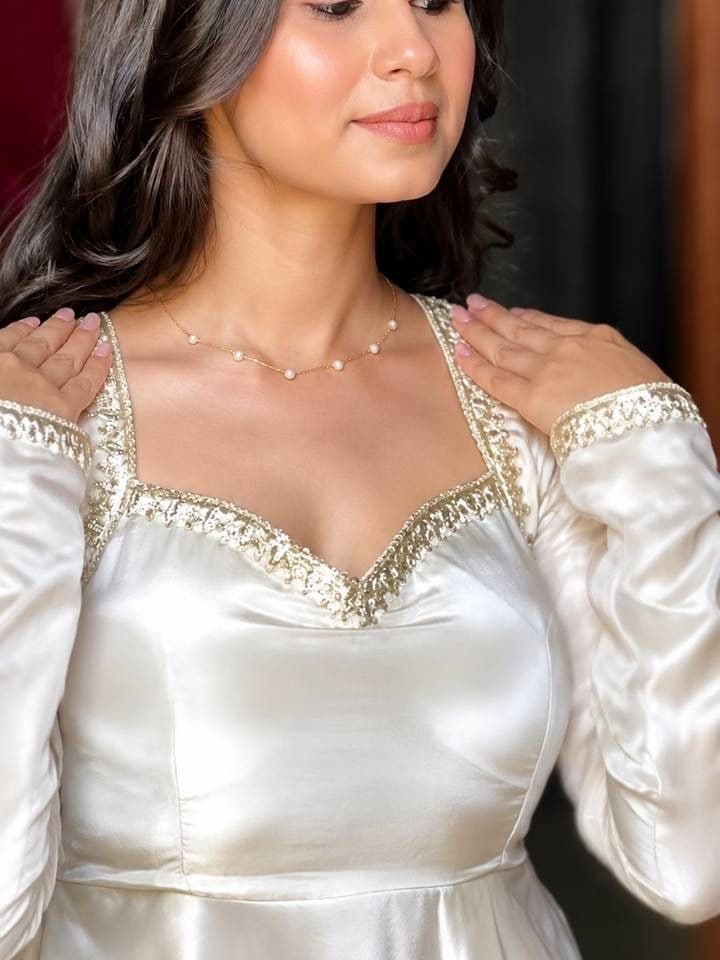 Pearl White Satin Silk Anarkali Suit Set with Dupatta