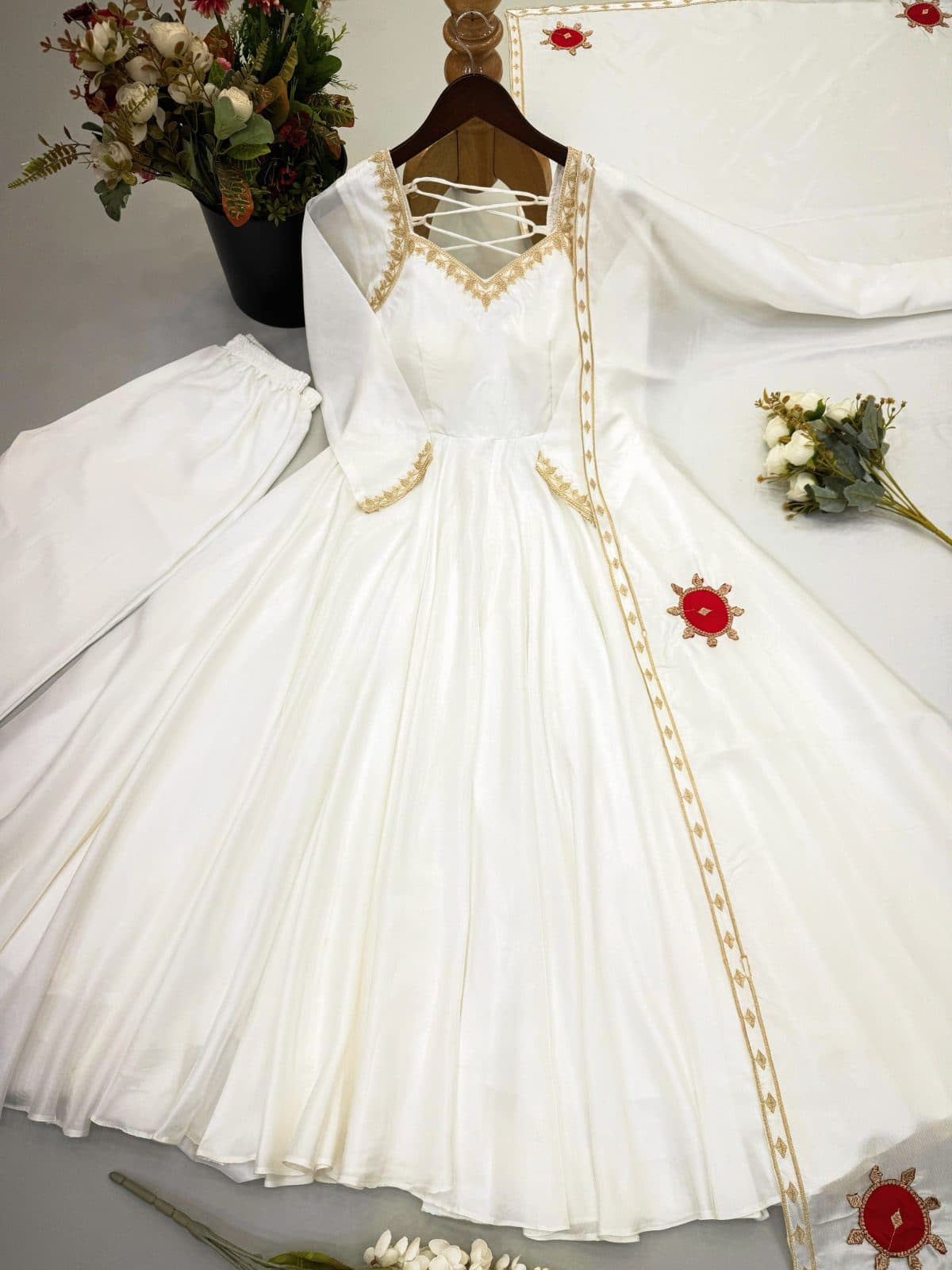 Pearl White Satin Silk Anarkali Suit Set with Dupatta