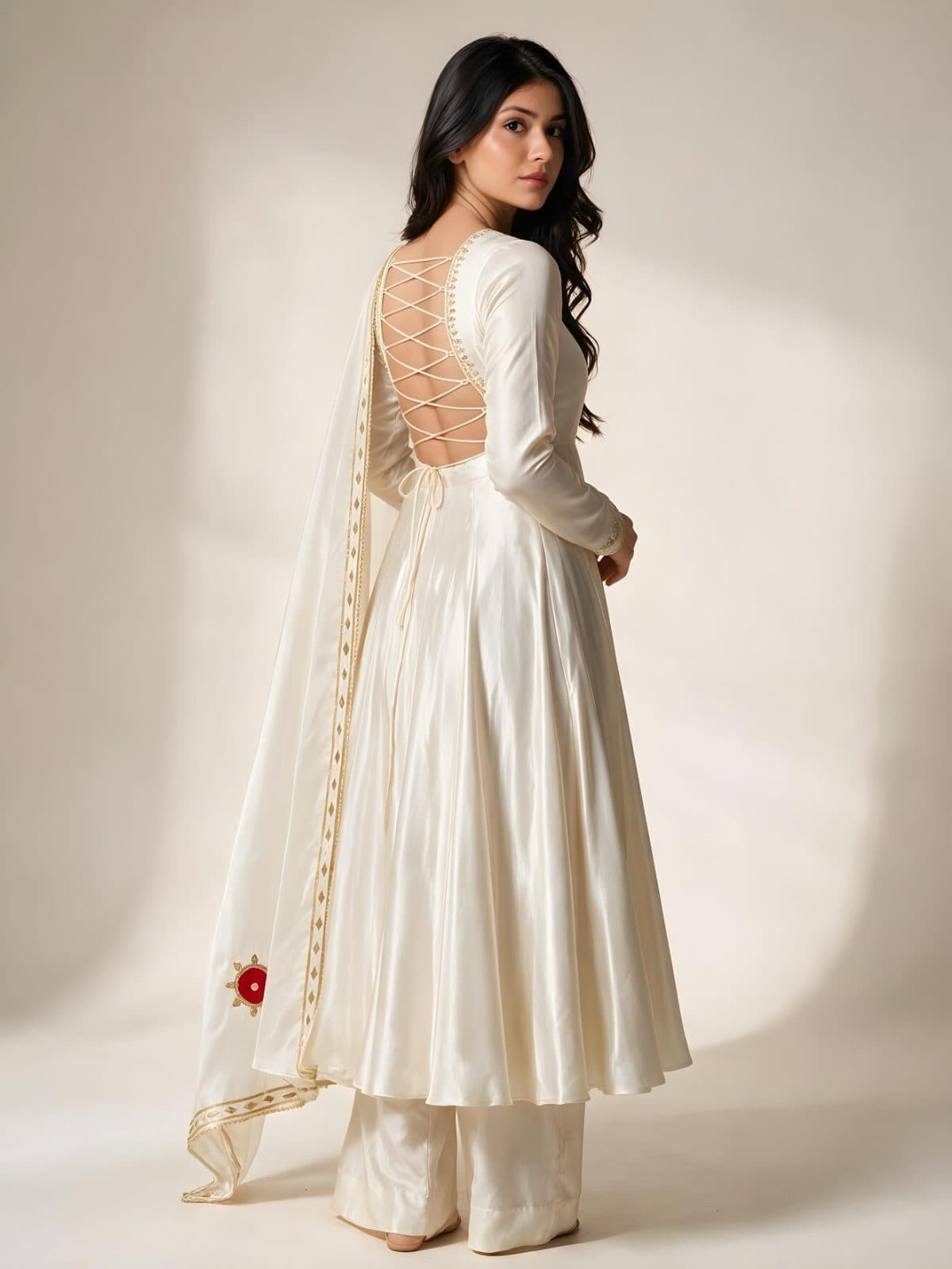 Pearl White Satin Silk Anarkali Suit Set with Dupatta
