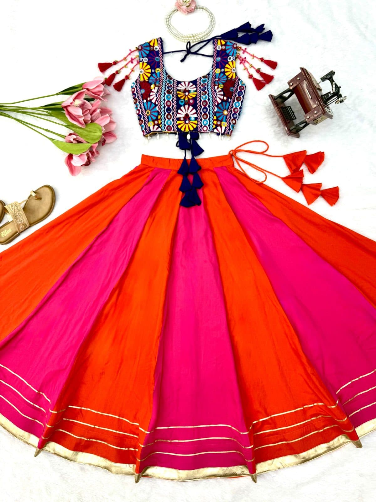 Embroidered Mirror-Work Blouse with Pink & Orange Flared Lehenga